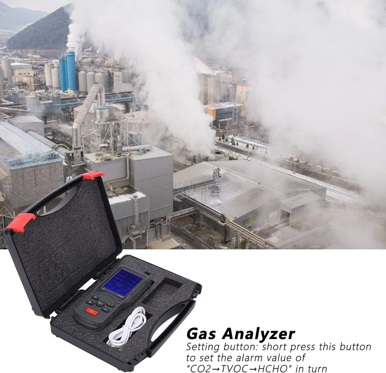 دستگاه سنجش کیفیت هوا RIZGHWOY، ردیاب CO2، متر TVOC HCHO با سنسور دما و رطوبت برای استفاده در منزل، دفتر کار و صنعت مدل JD3002