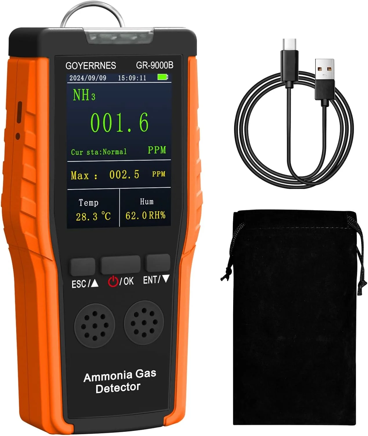 دستگاه تشخیص گاز آمونیاک قابل حمل، قابل شارژ NH3 با آلارم، سنسور مانیتورینگ مداوم گاز آمونیاک دیجیتال با قابلیت نمایش دما و رطوبت، محدوده 0-100 PPM مناسب برای مزارع، مرغداری ها و مواد شیمیایی