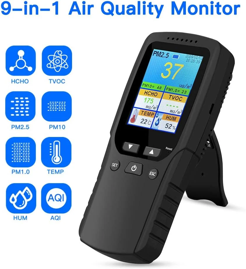 مانیتور کیفیت هوا با قابلیت نظارت لحظه ای، تشخیص PM2.5، PM1.0، PM10، HCHO، TVOC، سنسور دما و رطوبت، مناسب برای خانه/دفتر