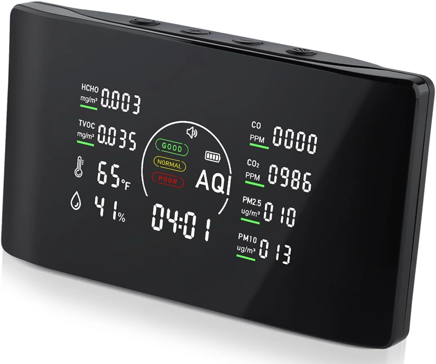 دستگاه مانیتور کیفیت هوای داخل خانه Qxpztk مدل 10 در 1 با حسگرهای قابل حمل برای CO2، PM2.5، دما و رطوبت، سنسور VOC و AQI، فرمالدهید دقیق، مونوکولار تشخیص CO2، مناسب برای خانه، مشکی E1