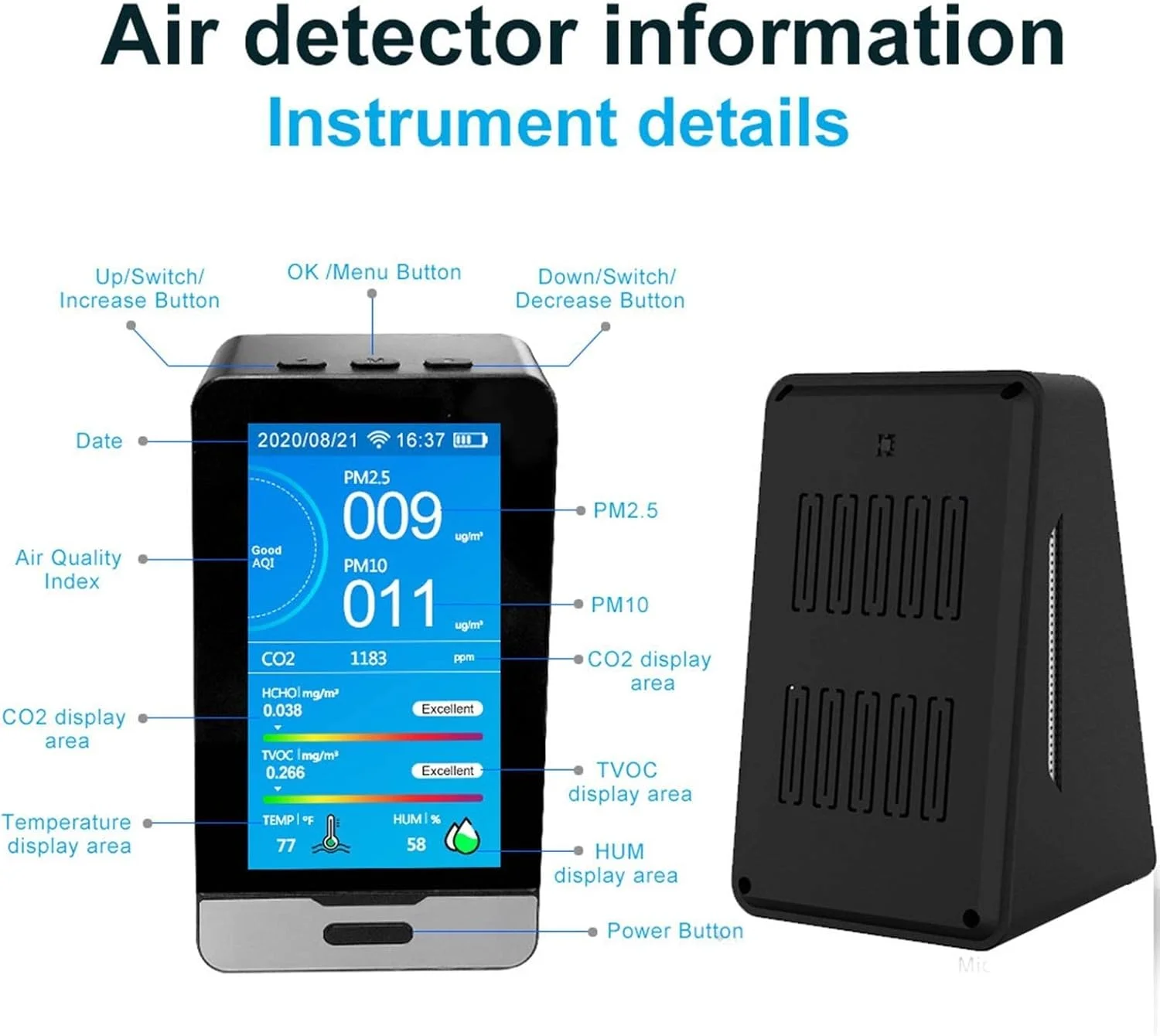 دستگاه تشخیص CO2 رایترون، قابل حمل، چند منظوره، صفحه نمایش HD، آنالیزور هوشمند کیفیت هوا برای منزل، مانیتور آلودگی هوای خانگی با ابزارهای صوتی