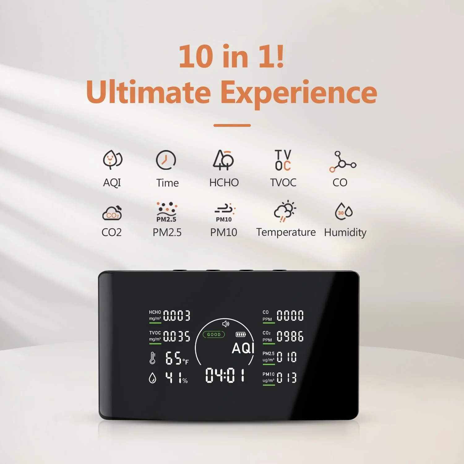 دستگاه مانیتور کیفیت هوای داخل خانه Qxpztk مدل 10 در 1 با حسگرهای قابل حمل برای CO2، PM2.5، دما و رطوبت، سنسور VOC و AQI، فرمالدهید دقیق، مونوکولار تشخیص CO2، مناسب برای خانه، مشکی E1