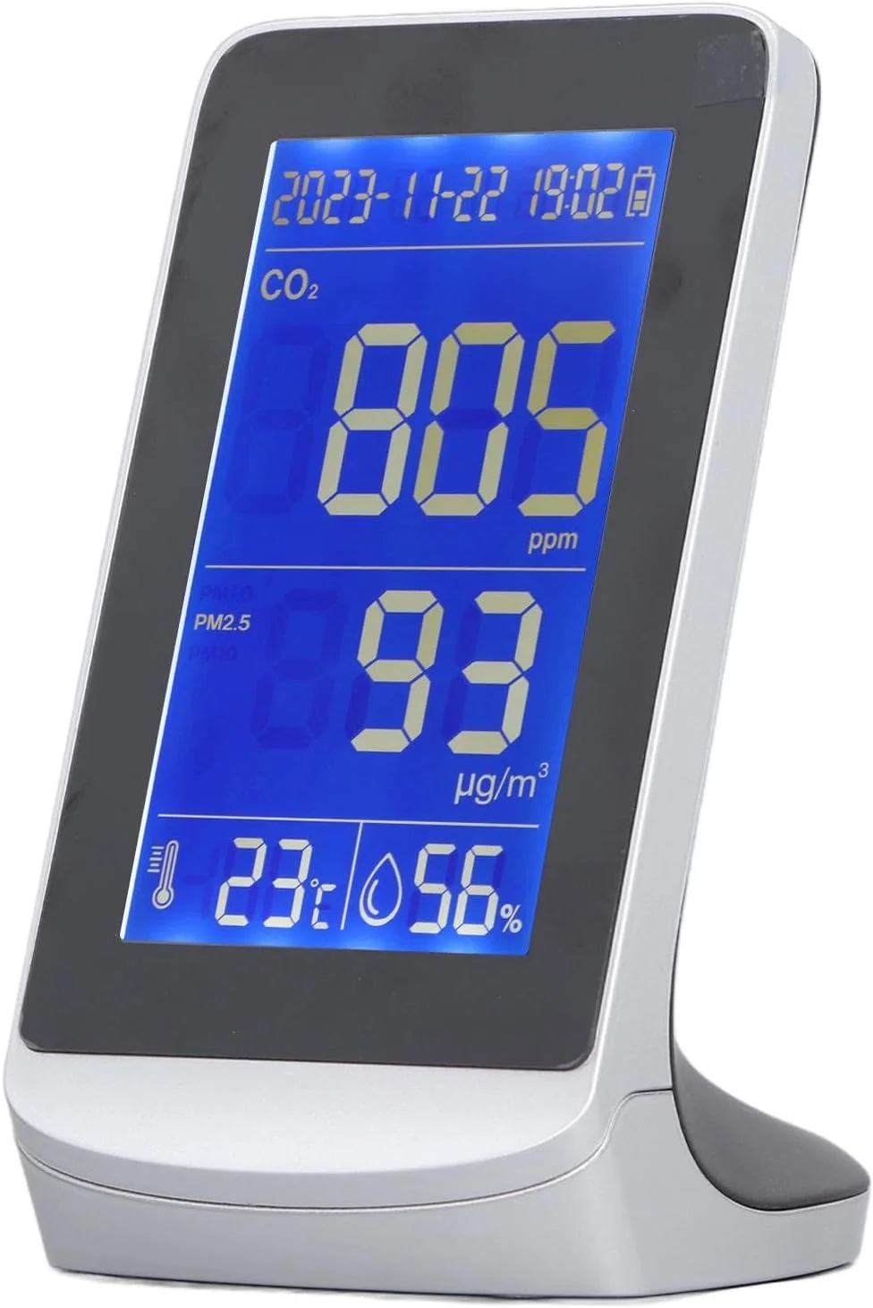 مانیتور کیفیت هوا با نمایشگر دیجیتال، سنجش CO2، PM1.0، 2.5، 10، دما و رطوبت، دارای هشدار باتری کم، تستر کیفیت هوای قابل حمل برای فضای داخلی