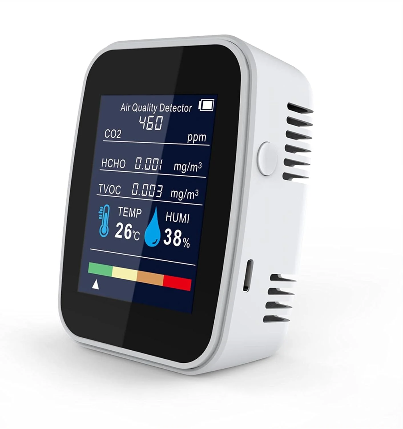 صفحه نمایش کیفیت هوا، دستگاه سنجش CO2 داخلی، دستگاه تشخیص کیفیت هوای حرفه ای 5 در 1 برای دما، رطوبت، CO2، HCHO و TVOC، نمایشگر زمان واقعی تستر کیفیت هوای رومیزی، سفید مشکی (رنگ: سفید)