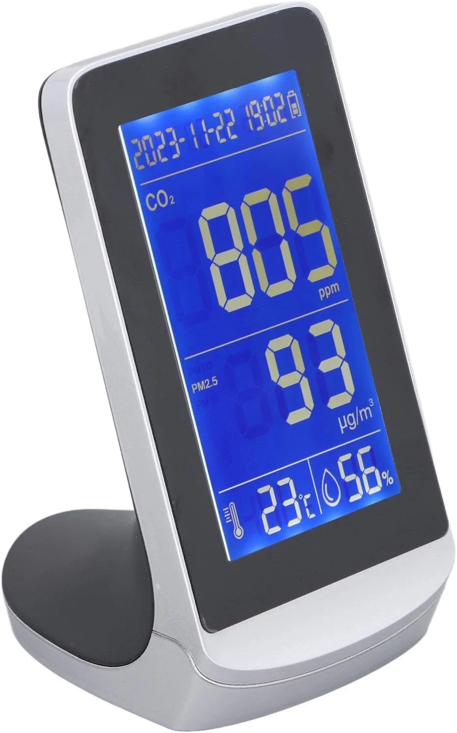 مانیتور کیفیت هوا با نمایشگر دیجیتال، سنجش CO2، PM1.0، 2.5، 10، دما و رطوبت، دارای هشدار باتری کم، تستر کیفیت هوای قابل حمل برای فضای داخلی