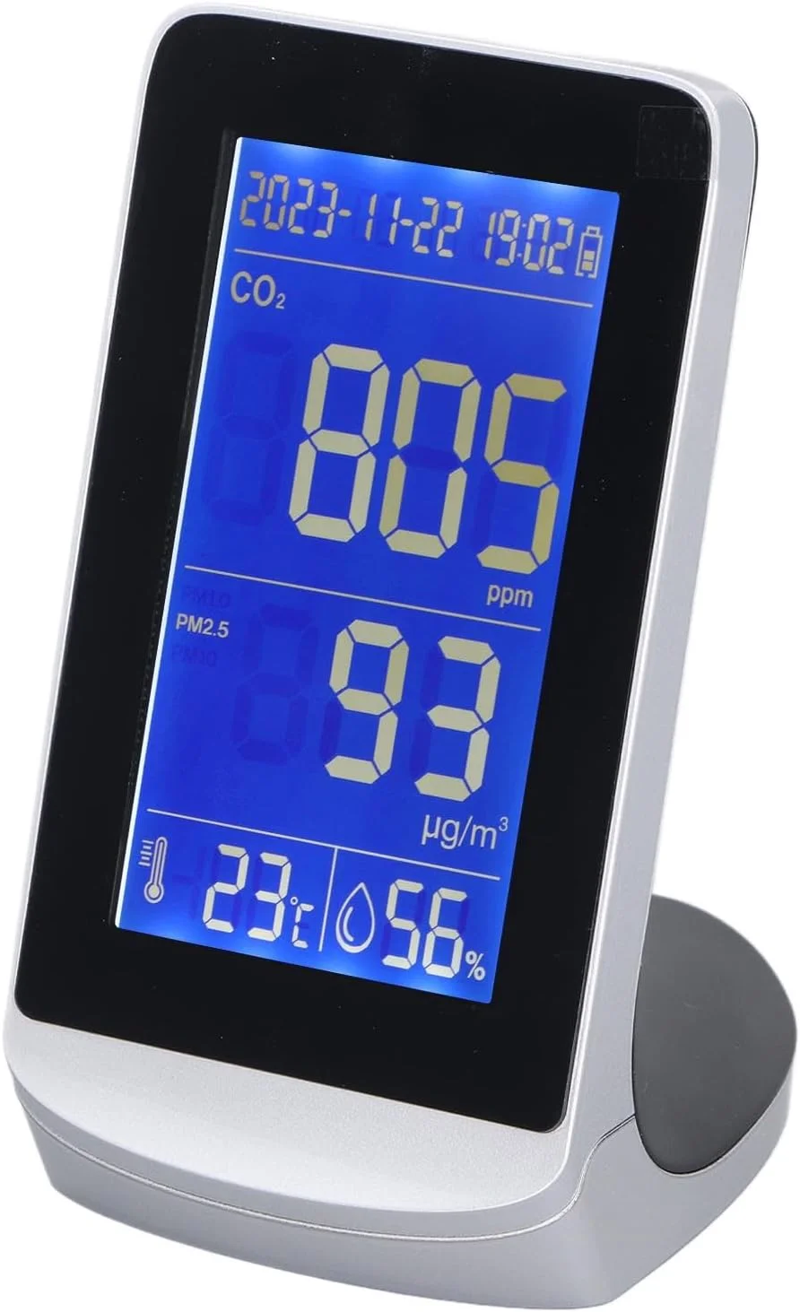 مانیتور کیفیت هوا با نمایشگر دیجیتال، سنجش CO2، PM1.0، 2.5، 10، دما و رطوبت، دارای هشدار باتری کم، تستر کیفیت هوای قابل حمل برای فضای داخلی