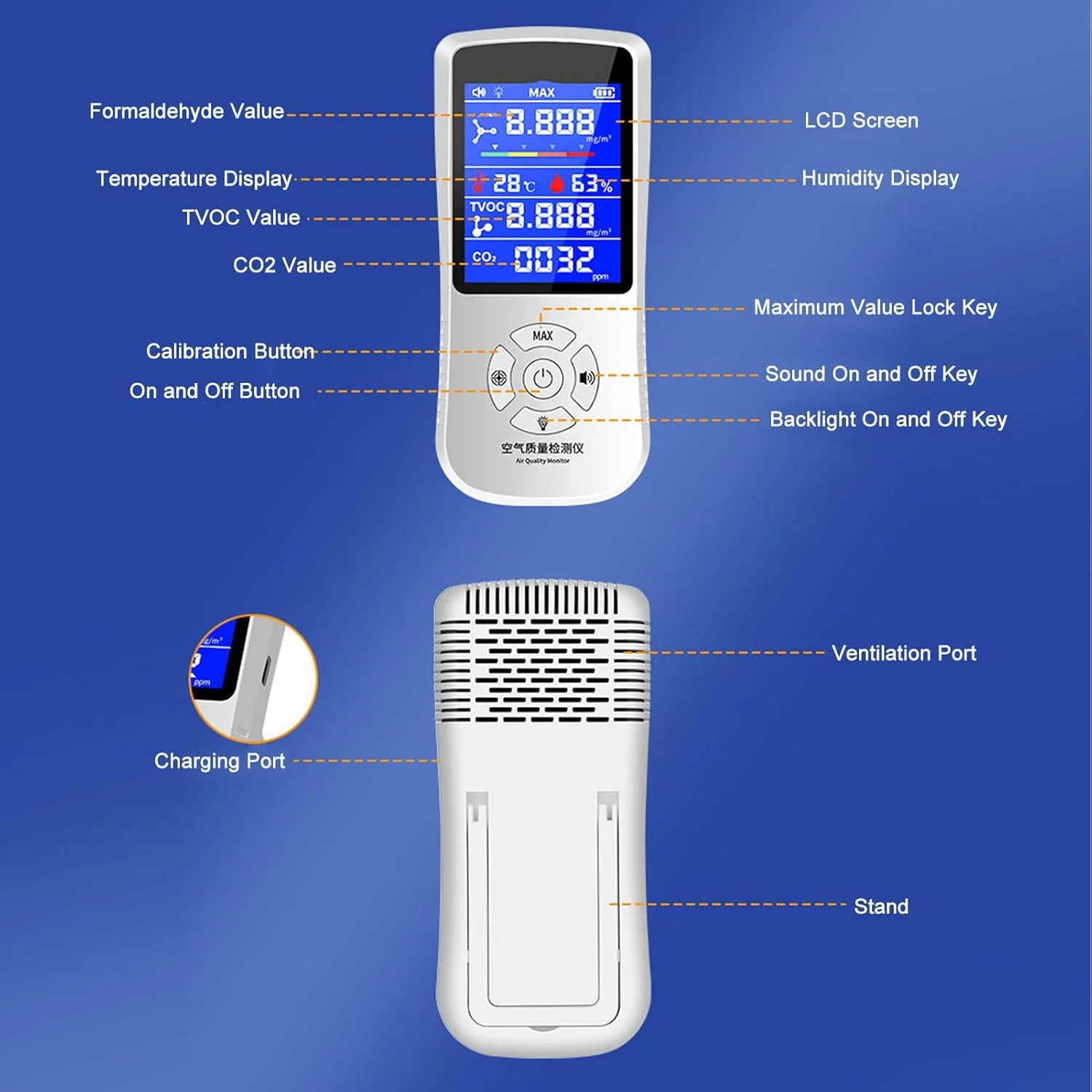 دستگاه سنجش کیفیت هوا قابل شارژ با دقت بالا، نمایشگر رنگی حرفه ای، دستگاه هشدار دهنده گازهای HCHO، TOVC، CO2 مناسب برای مدارس