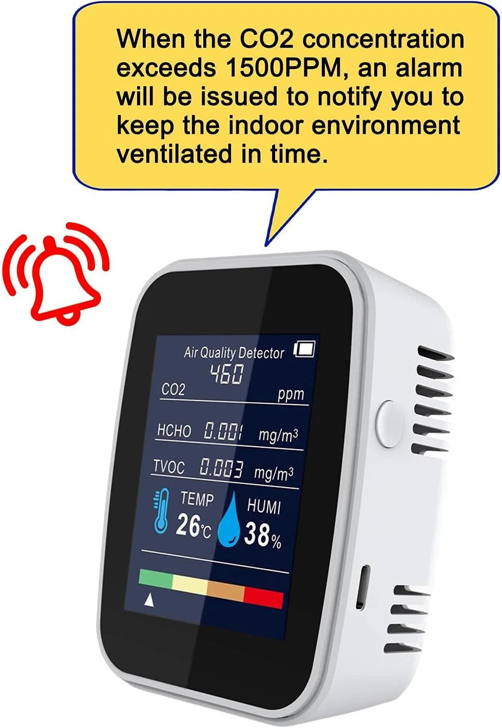 صفحه نمایش کیفیت هوا، دستگاه سنجش CO2 داخلی، دستگاه تشخیص کیفیت هوای حرفه ای 5 در 1 برای دما، رطوبت، CO2، HCHO و TVOC، نمایشگر زمان واقعی تستر کیفیت هوای رومیزی، سفید مشکی (رنگ: سفید)