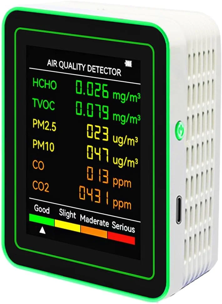 دستگاه سنجش کیفیت هوا 6 در 1، ردیاب قابل حمل CO2، ردیاب چند منظوره دی اکسید کربن TVOC HCHO، دستگاه دقیق PM2.5 PM10 HCHO TVOC CO2 CO برای خانه و محل کار