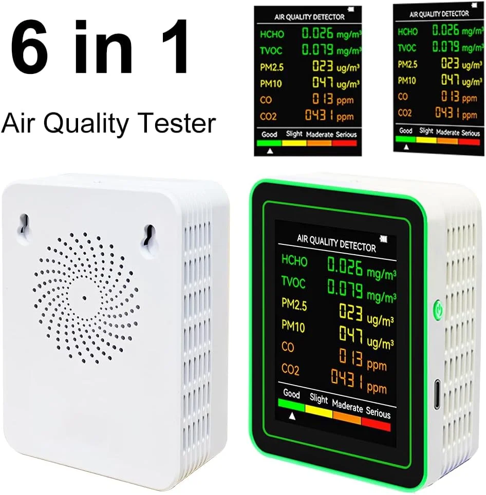دستگاه سنجش کیفیت هوا 6 در 1، ردیاب قابل حمل CO2، ردیاب چند منظوره دی اکسید کربن TVOC HCHO، دستگاه دقیق PM2.5 PM10 HCHO TVOC CO2 CO برای خانه و محل کار