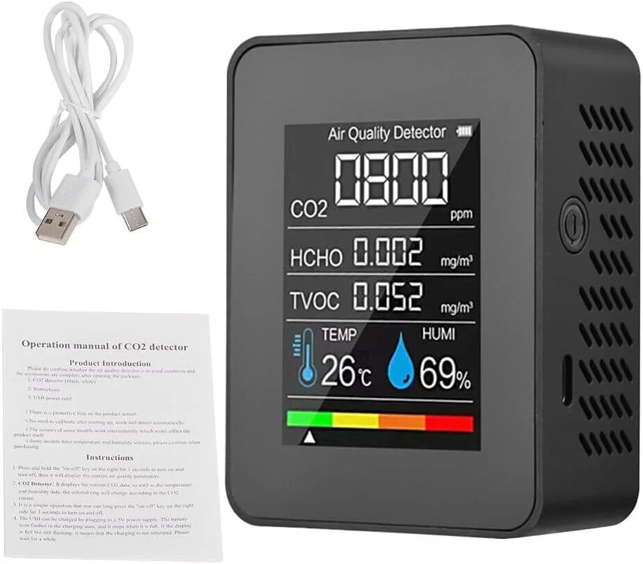 دستگاه سنجش کیفیت هوا، مانیتور کیفیت هوا برای CO2 / HCHO/TVOC/TEMP/HUMI، دستگاه تشخیص دی اکسید کربن 5 در 1 چند منظوره، داده های زمان واقعی و ضبط میانگین