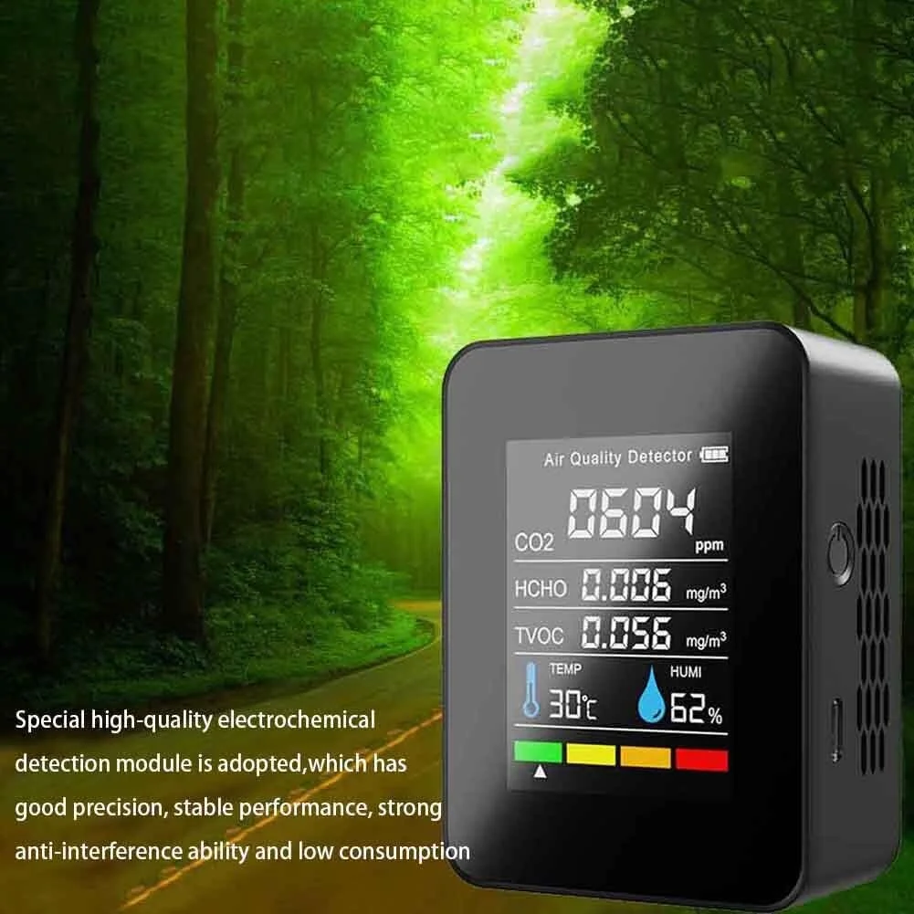 دستگاه سنجش کیفیت هوا، مانیتور کیفیت هوا برای CO2 / HCHO/TVOC/TEMP/HUMI، دستگاه تشخیص دی اکسید کربن 5 در 1 چند منظوره، داده های زمان واقعی و ضبط میانگین