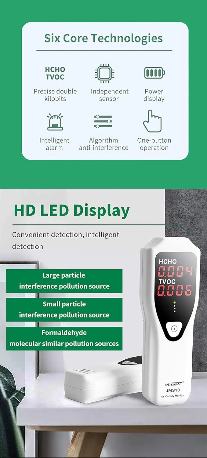 تستر کیفیت هوا، ردیاب قابل حمل فرمالدئید، کیفیت هوای داخلی HCHO و TVOC با آلارم صوتی و نشانگر LED برای سیستم HVAC خانگی