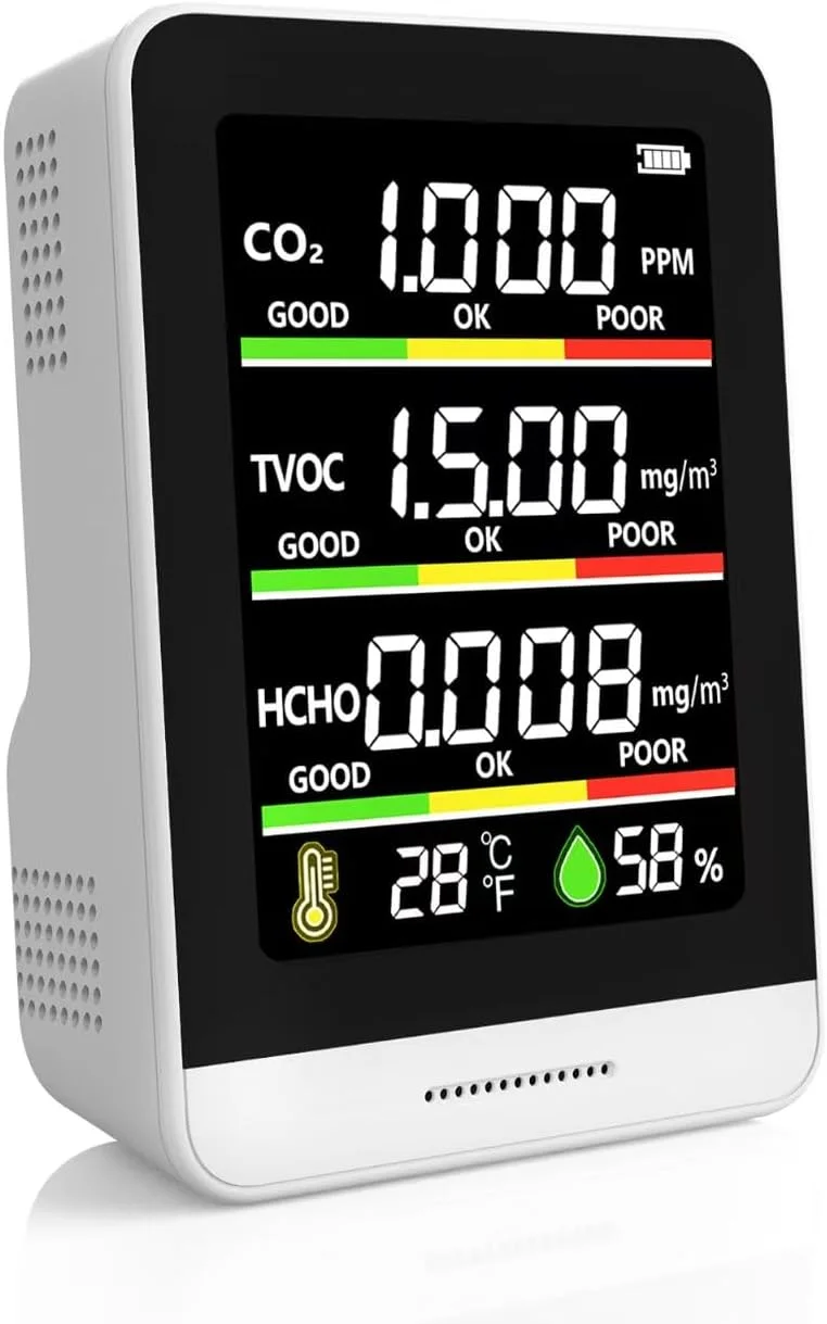 دستگاه سنجش کیفیت هوا، تستر هوشمند 8 در 1 با قابلیت اندازه گیری CO2، TVOC، HCHO، AQI، دما و رطوبت، نمایشگر زمان واقعی، دارای باتری، مناسب برای خانه و محل کار (سفید) دستگاه سنجش کیفیت هوا، تستر هوشمند 8 در 1 با قابلیت اندازه گیری CO2، TVOC، HCHO، AQI، دما و رطوبت، نمایشگر زمان واقعی، دارای باتری، مناسب برای خانه و محل کار (سفید)