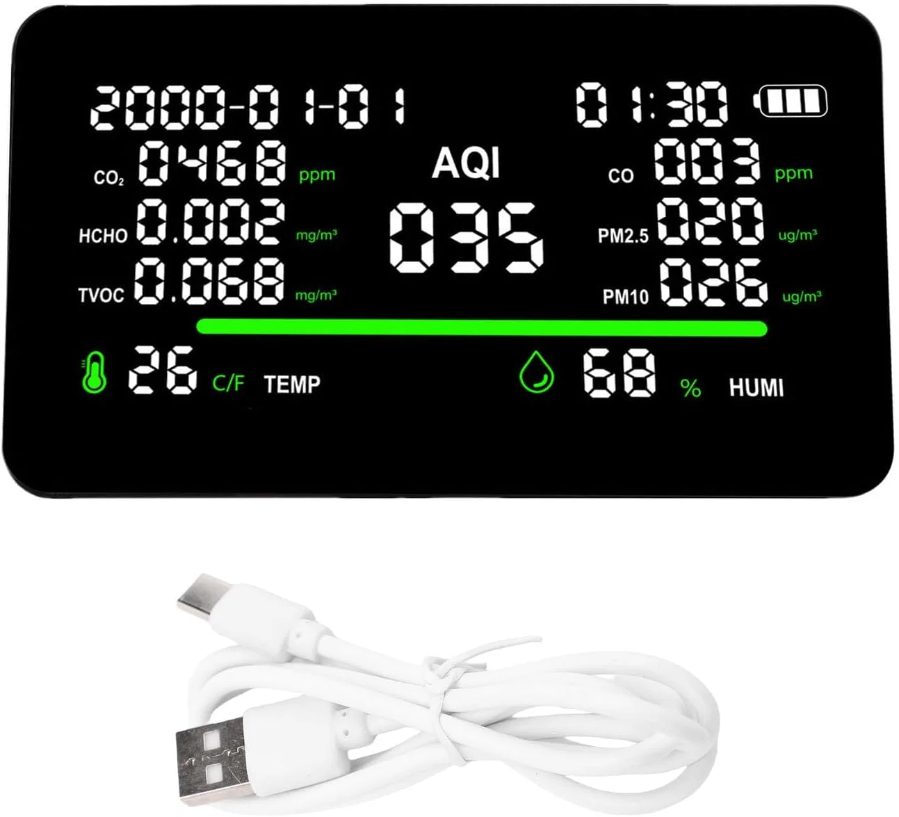 دستگاه سنجش کیفیت هوا 11 در 1، مانیتور کیفیت هوای داخل خانه، CO2 CO HCHO TVOC PM2.5 PM10، دماسنج و رطوبت سنج قابل شارژ برای استفاده در منزل، اداره و فضای داخلی
