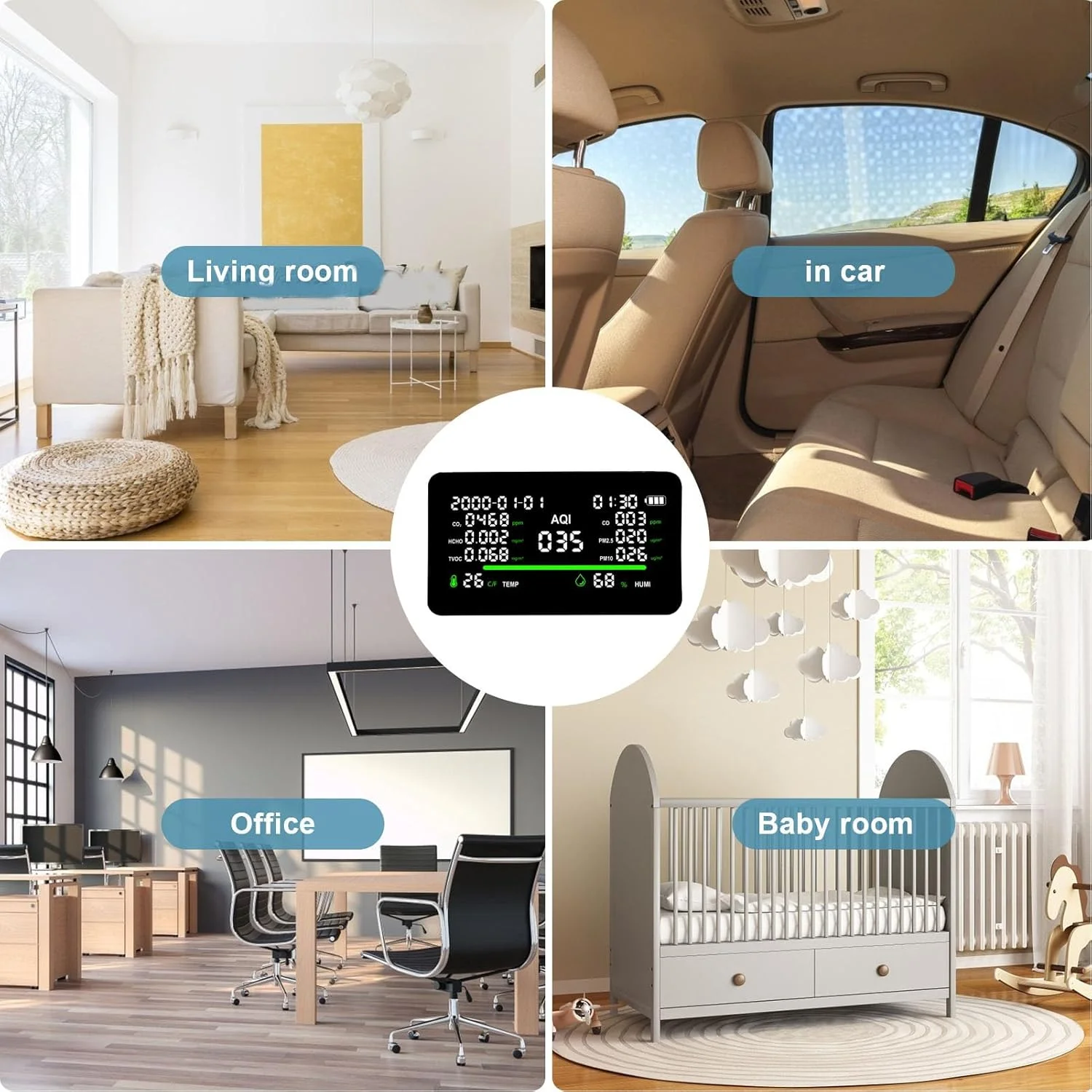 دستگاه سنجش کیفیت هوا 11 در 1، مانیتور کیفیت هوای داخل خانه، CO2 CO HCHO TVOC PM2.5 PM10، دماسنج و رطوبت سنج قابل شارژ برای استفاده در منزل، اداره و فضای داخلی