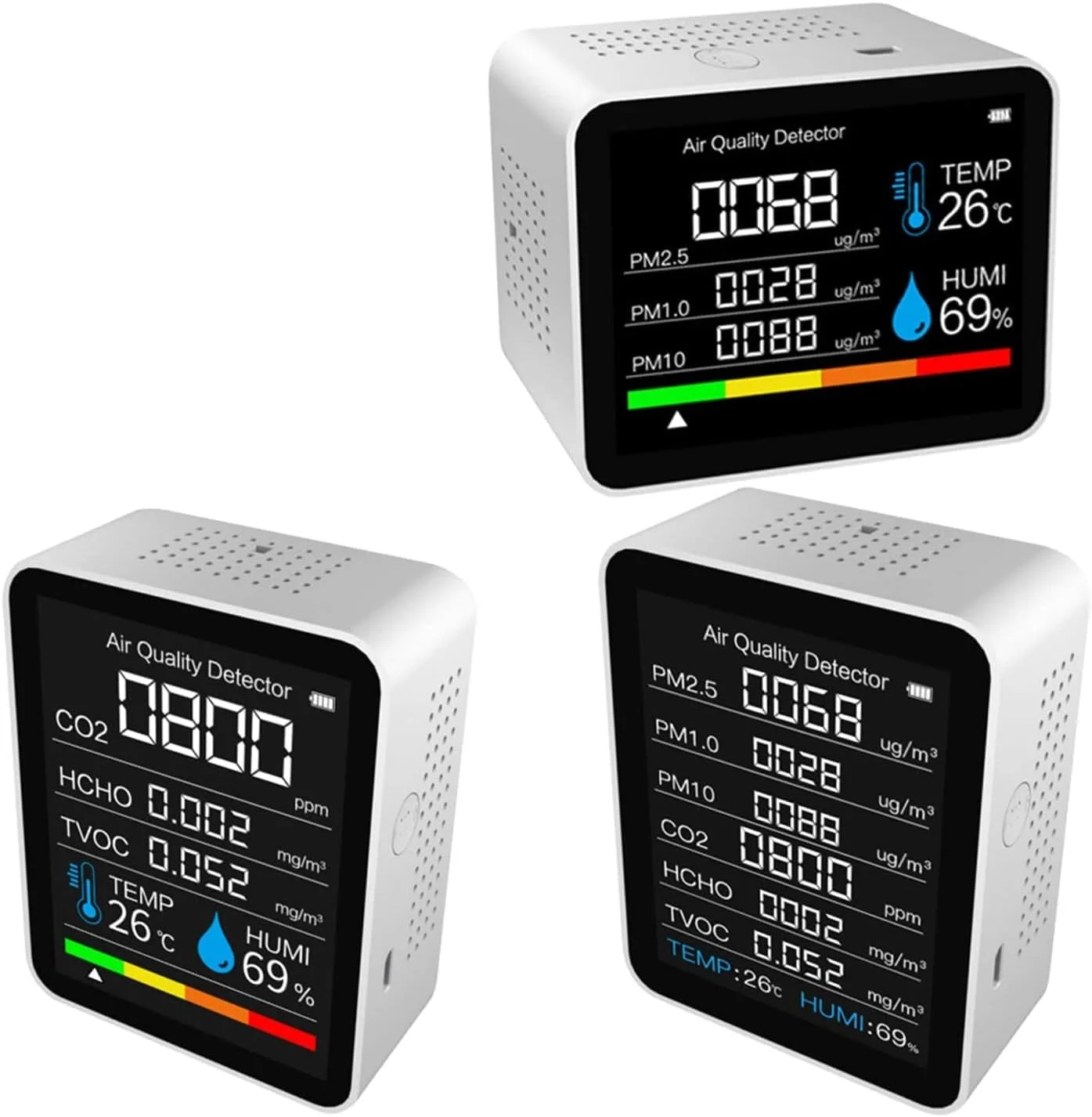 دستگاه سنجش کیفیت هوا 8 در 1، متر CO2، سنسور PM2.5/PM1.0/PM10، سنسور تست HCHO/TVOC، دماسنج و رطوبت سنج برای خانه