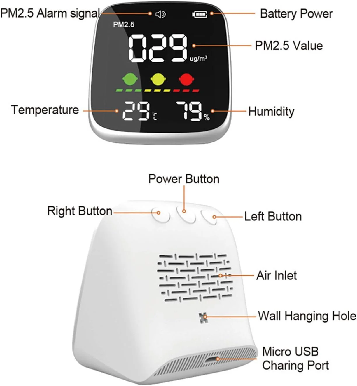 تستر کیفیت هوا PM2.5، مانیتور کیفیت هوا با مانیتور دما و رطوبت برای خانه، دفتر و مسافرت، پیش فرض