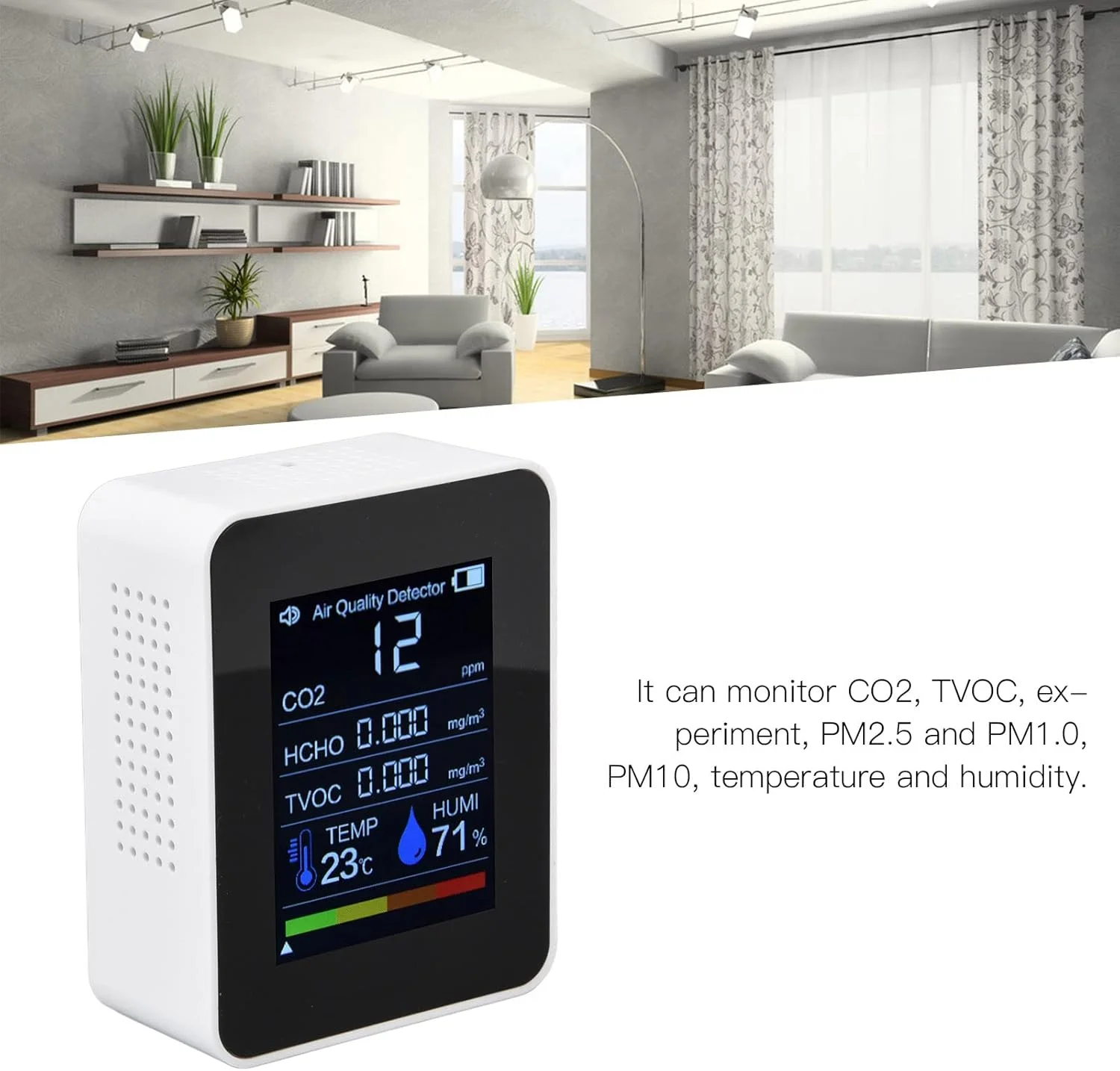 مانیتور کیفیت هوای داخلی، دماسنج و رطوبت سنج، سنسور هوشمند کیفیت هوا 8 در 1 با صفحه نمایش رنگی و هشدار برای TVOC HCHO PM2.5 PM1.0 PM10 (سفید)