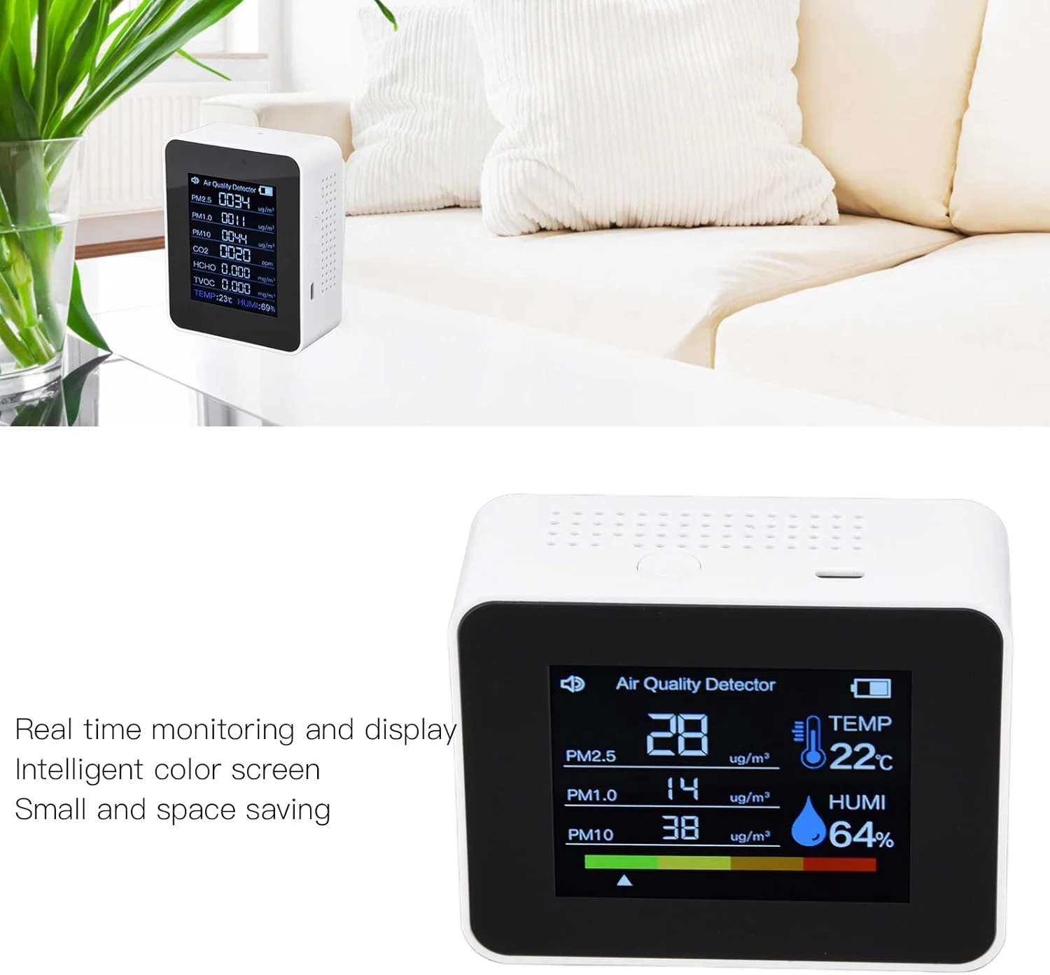 مانیتور کیفیت هوای داخلی، دماسنج و رطوبت سنج، سنسور هوشمند کیفیت هوا 8 در 1 با صفحه نمایش رنگی و هشدار برای TVOC HCHO PM2.5 PM1.0 PM10 (سفید)