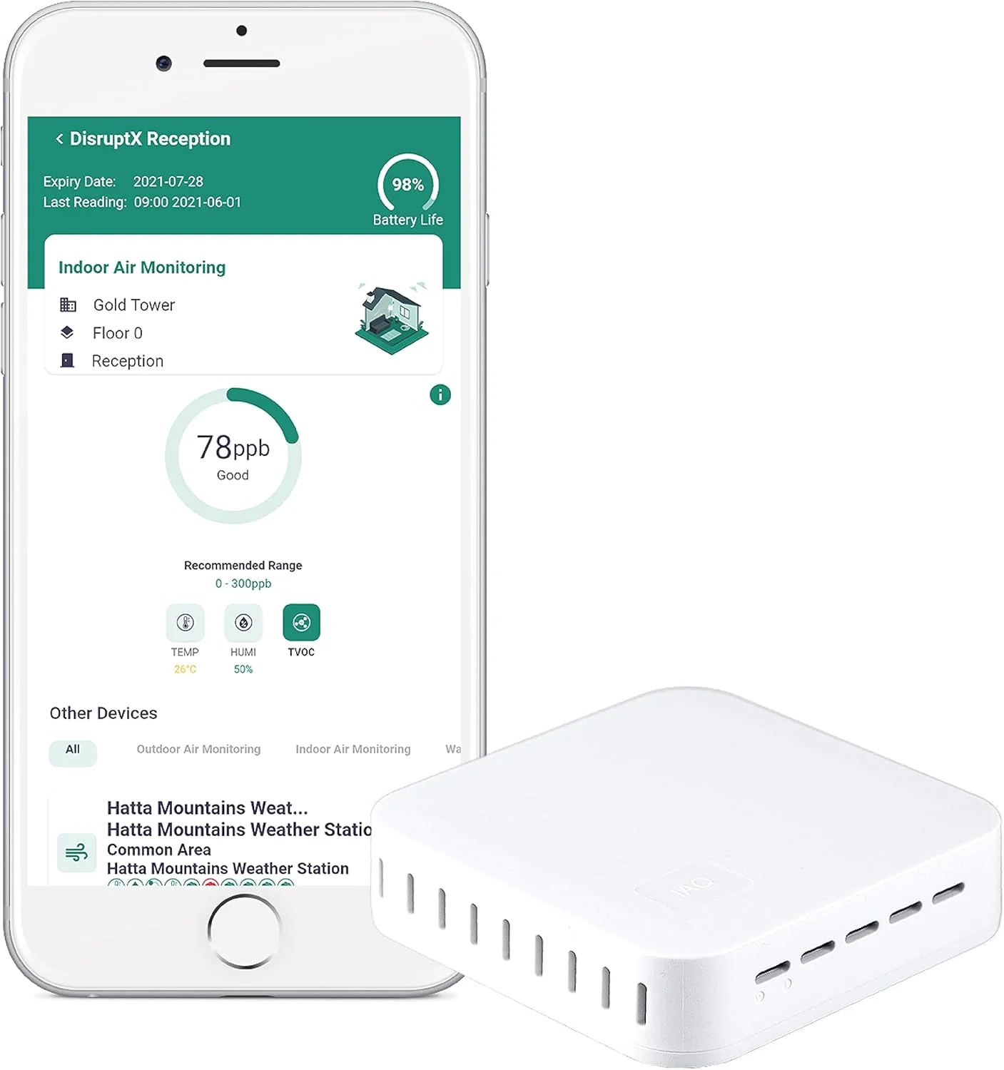 مانیتور کیفیت هوای داخلی با پلتفرم ابری اینترنت اشیا و اپلیکیشن موبایل. دما، رطوبت و TVOC