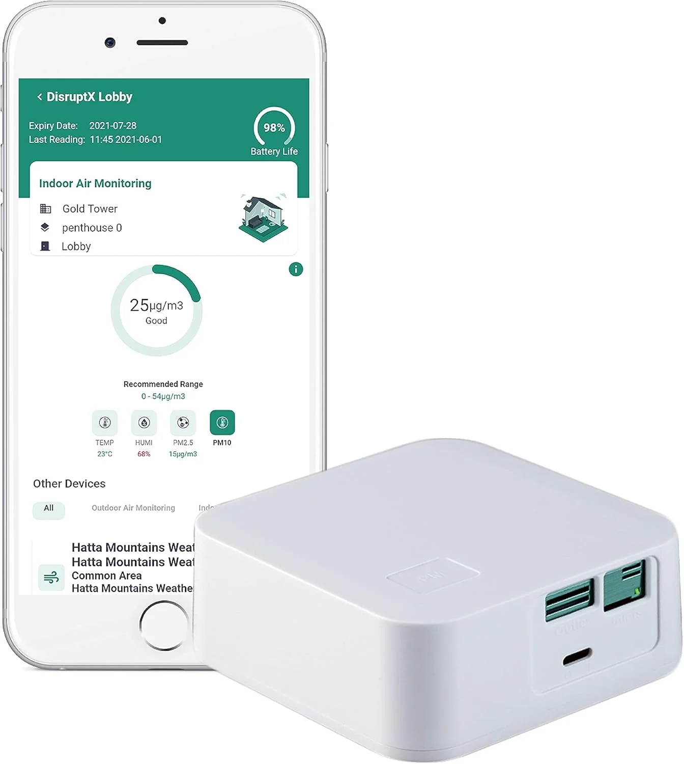 مانیتور کیفیت هوای داخل ساختمان با پلتفرم ابری اینترنت اشیا و اپلیکیشن موبایل. دما، رطوبت و ذرات معلق PM2.5/10