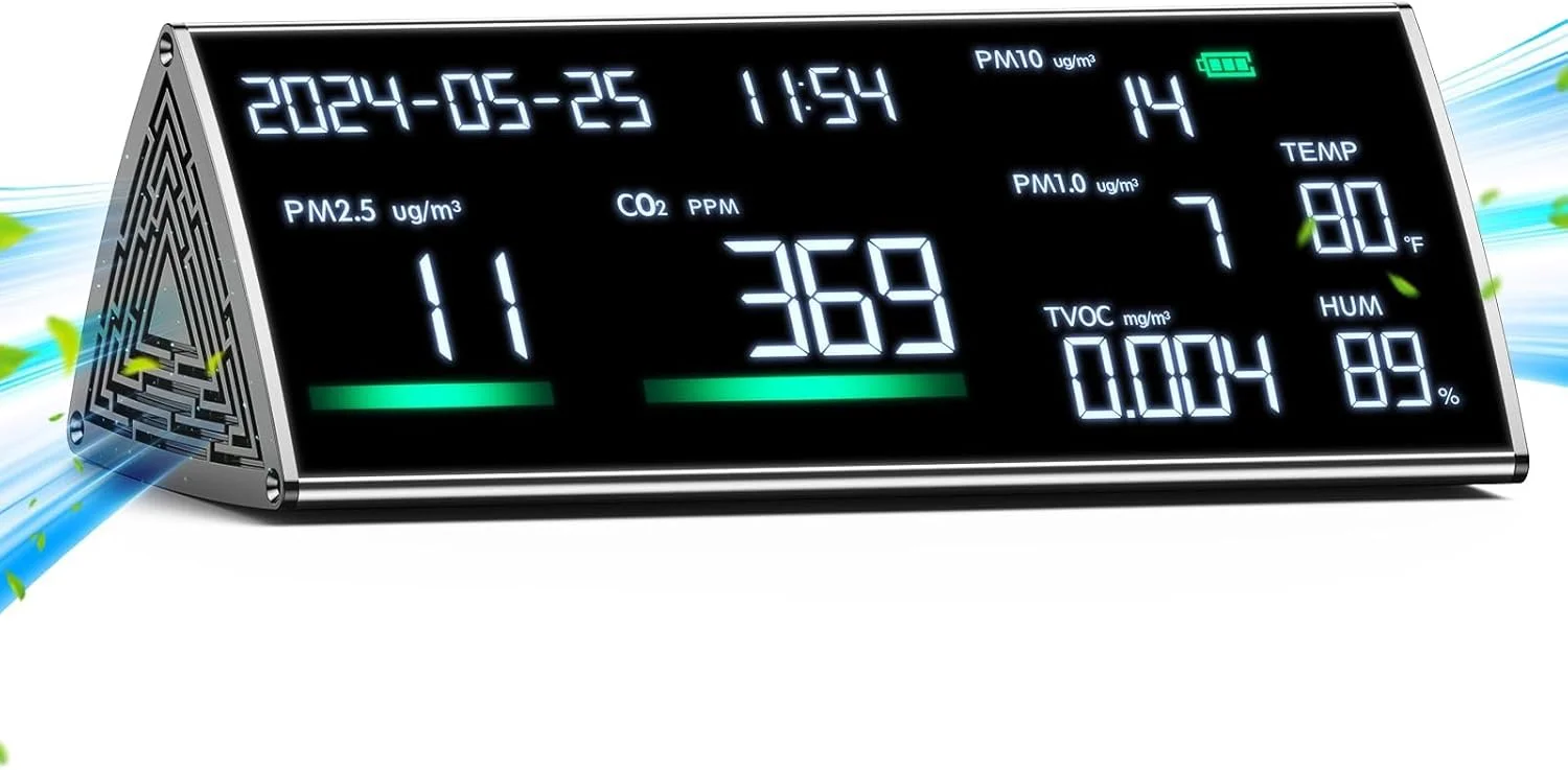 دستگاه سنجش کیفیت هوا 12 در 1 برای استفاده در محیط داخلی - تستر چند منظوره هوا با قابلیت سنجش CO2، PM2.5/PM10، سطوح TVOC، دما، رطوبت و نمایشگر ساعت - دستگاه سنجش هوای داخلی فلزی با قابلیت کالیبراسیون آسان