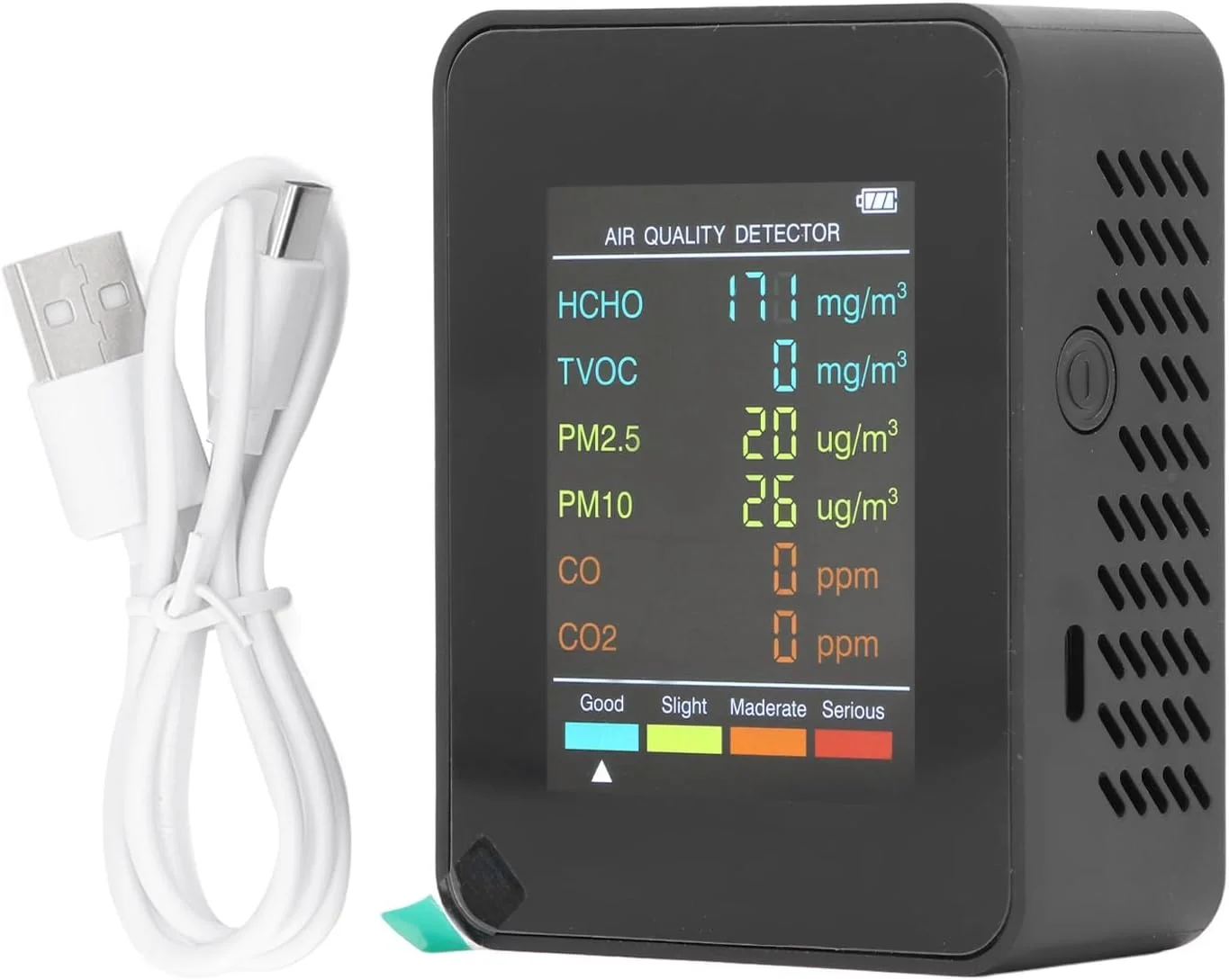 مانیتور کیفیت هوا، صفحه نمایش LCD قابل حمل با نور پس زمینه، ردیاب CO2 TVOC HCHO PM2.5 PM10، مانیتور کیفیت هوا با آلارم (مشکی)