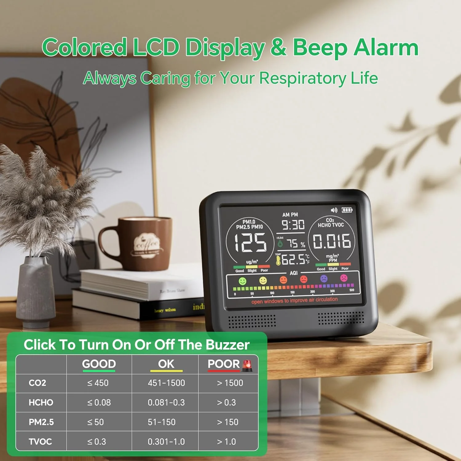 دستگاه سنجش کیفیت هوا 16 در 1، مناسب برای فضای داخلی، با آلارم صوتی 7AQI، مانیتور CO2، آشکارساز کیفیت هوا با PM1.0 | PM2.5 | PM10 | دما | رطوبت | فرمالدئید | تستر VOC برای منزل، دفتر کار، گیاهان