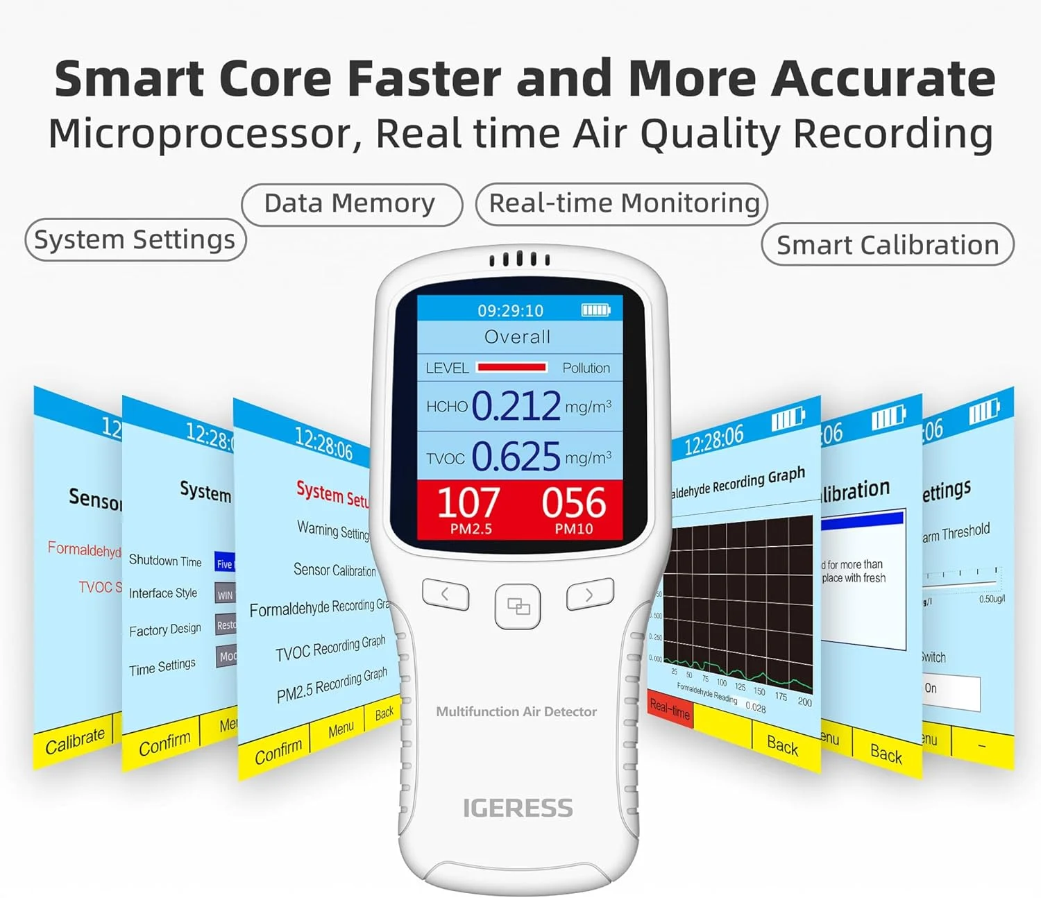 دستگاه سنجش کیفیت هوا، ردیاب فرمالدهید، دستگاه اندازه گیری VOC و تشخیص HCHO/TVOC/PM2.5/PM10 در محیط داخلی - نمایشگر چند منظوره رنگی