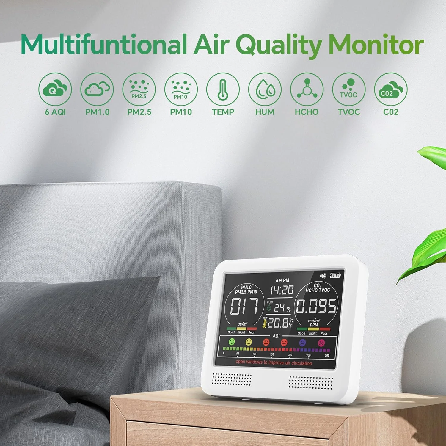 دستگاه سنجش کیفیت هوای داخل ساختمان، 16 در 1 PM1/PM2.5/PM10/CO2/HCHO/TVOC/AQI/دما/رطوبت/زمان، دستگاه قابل حمل سنجش کیفیت هوا، با زنگ هشدار، تستر کیفیت هوا با دقت بالا برای خانه، دفتر
