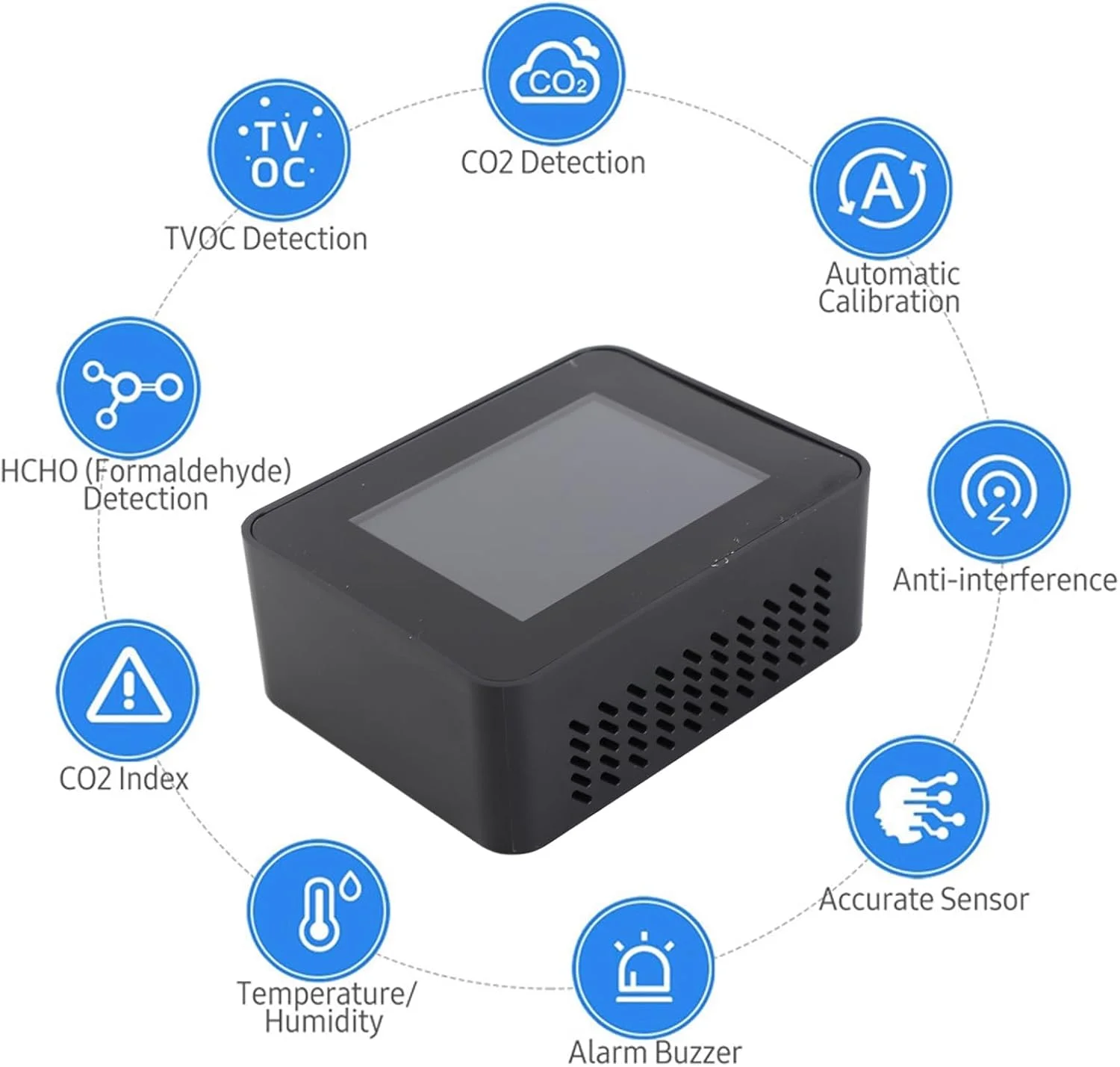 مانیتور کیفیت هوا مشکی، دستگاه سنجش دی اکسید کربن CO2 دیجیتال، مانیتور TVOC HCHO برای خانه و دفتر کار، EUJGOOVPQU9AD307I