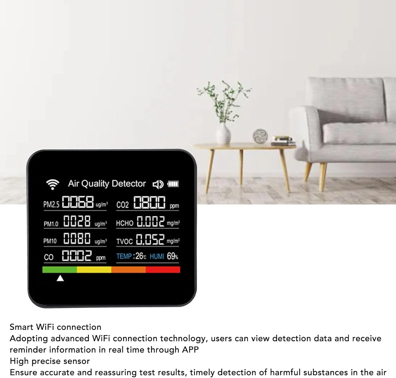 دستگاه سنجش کیفیت هوشمند 14 در 1، مانیتور کیفیت داخلی با PM2.5 / VOC / دما / رطوبت، نمایشگر زمان واقعی، تایمر، باطری خور، برای خانه، دفتر، مدرسه، هتل، صفحه نمایش شفاف