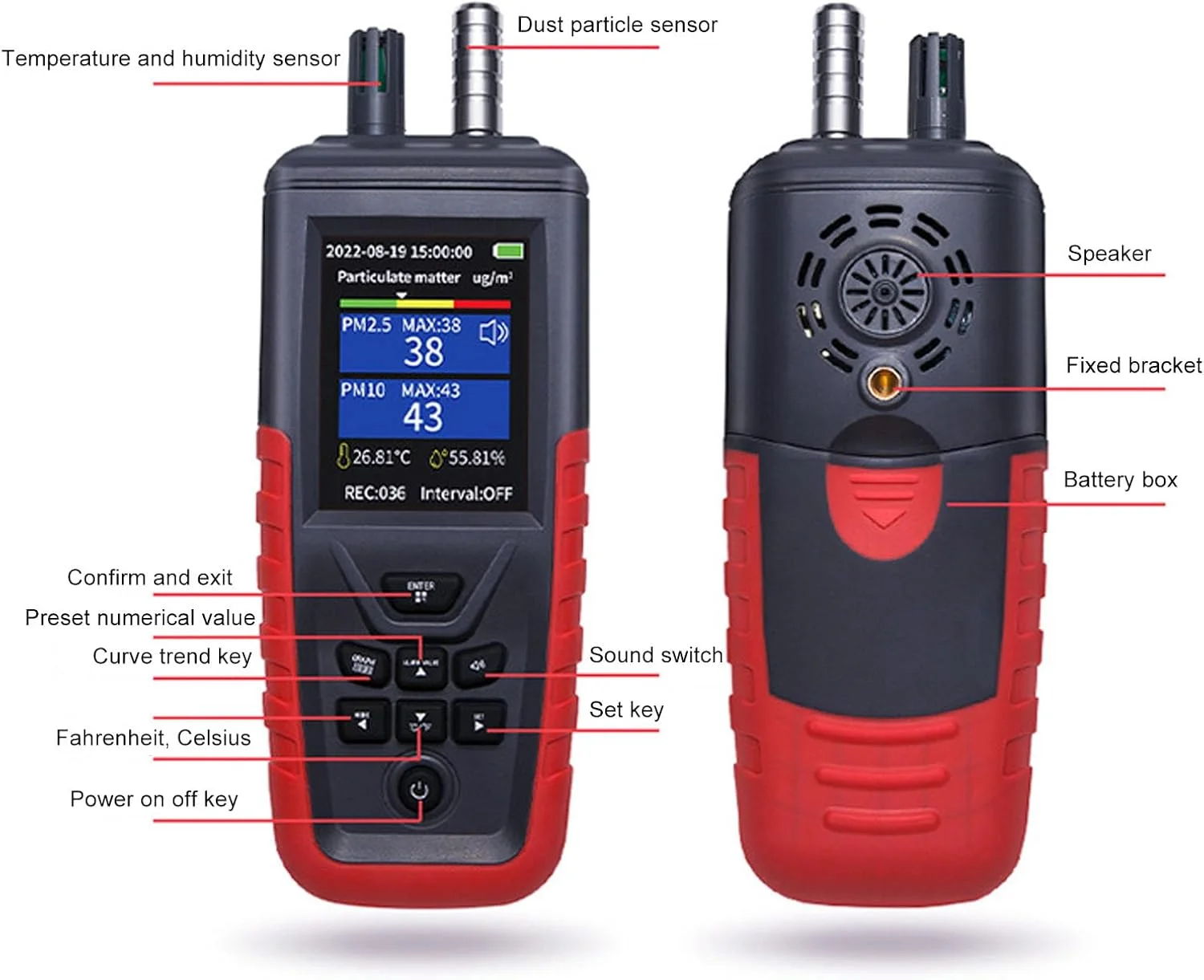 دستگاه سنجش کیفیت هوای داخلی، صفحه نمایش 3.2 اینچی TFT LCD، آشکارساز گرد و غبار دستی، تشخیص PM2.5 PM10 6 کاناله، شمارنده ذرات گرد و غبار هوا برای خانه، دفاتر و مسافرت