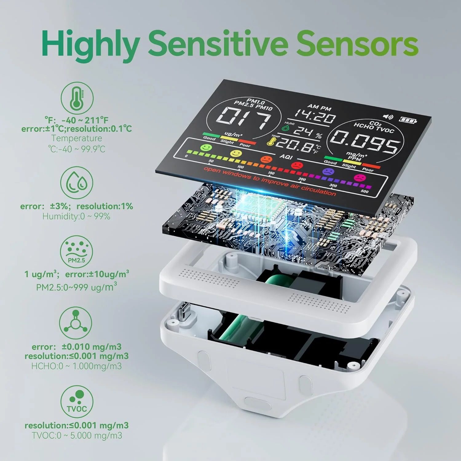 دستگاه سنجش کیفیت هوای داخل ساختمان، 16 در 1 PM1/PM2.5/PM10/CO2/HCHO/TVOC/AQI/دما/رطوبت/زمان، دستگاه قابل حمل سنجش کیفیت هوا، با زنگ هشدار، تستر کیفیت هوا با دقت بالا برای خانه، دفتر