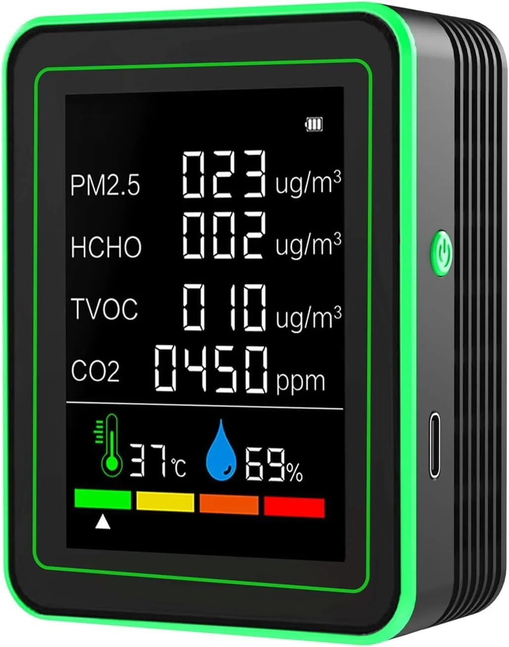 دستگاه سنجش کیفیت هوا 6 در 1، ردیاب CO2 با صفحه نمایش LCD، سنسور HCHO، TVOC، PM2.5، دما و رطوبت برای خانه، دفتر، ماشین - دقیق، جمع و جور و بادوام (مشکی)