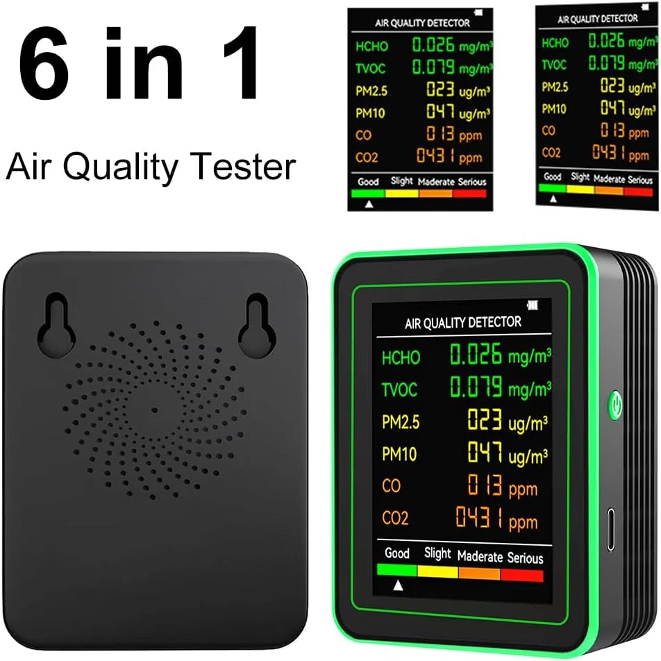 دستگاه سنجش کیفیت هوا 6 در 1، تشخیص دقیق دی اکسید کربن TVOC HCHO، چند منظوره PM2.5 PM10 HCHO TVOC CO2