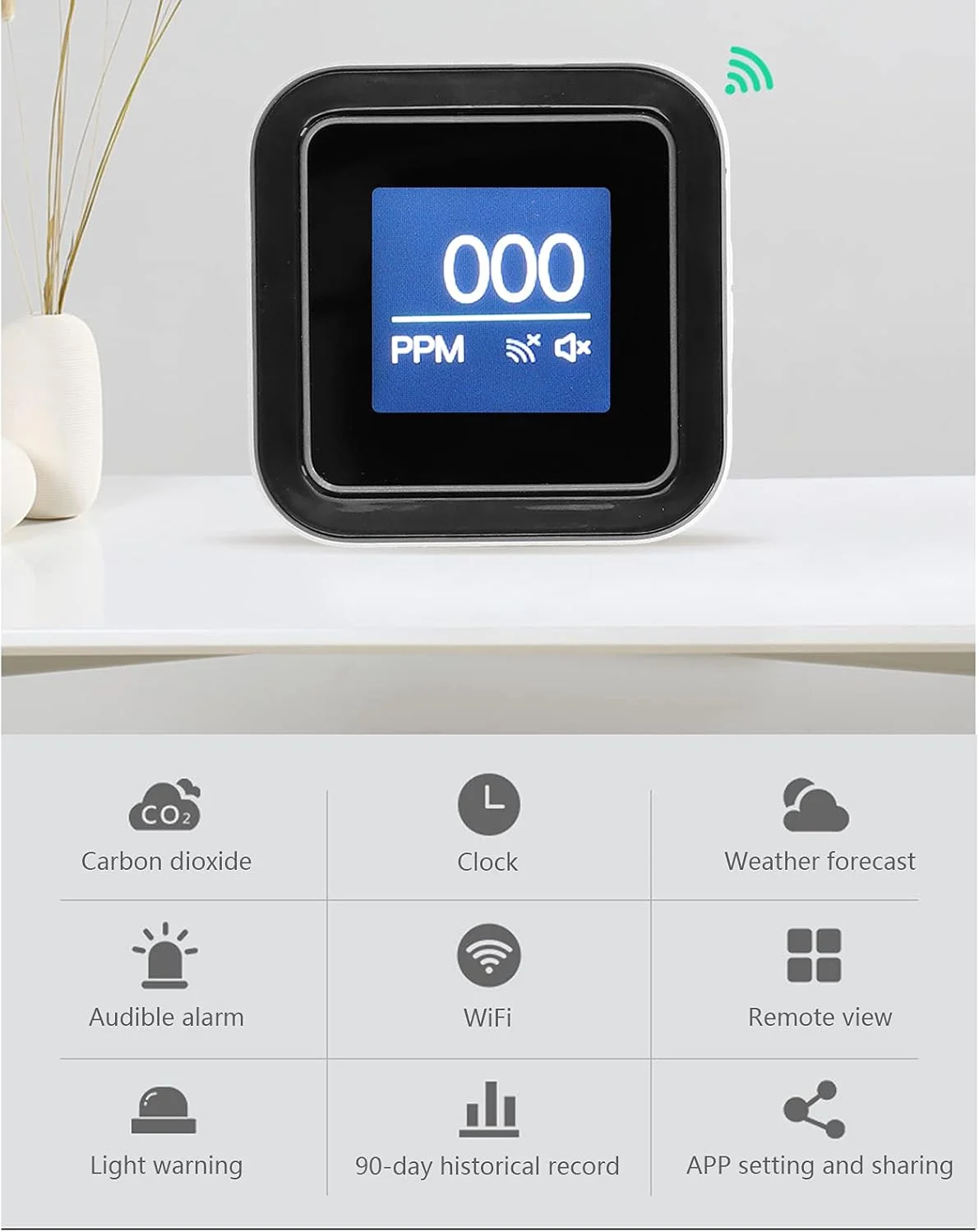 مانیتور کیفیت هوا، ردیاب دی اکسید کربن، ابزار تشخیص کیفیت هوای قابل حمل USB سه در یک با قابلیت اتصال به وای فای، نمایشگر زمان و هواشناسی برای خانه، دارای آلارم صوتی