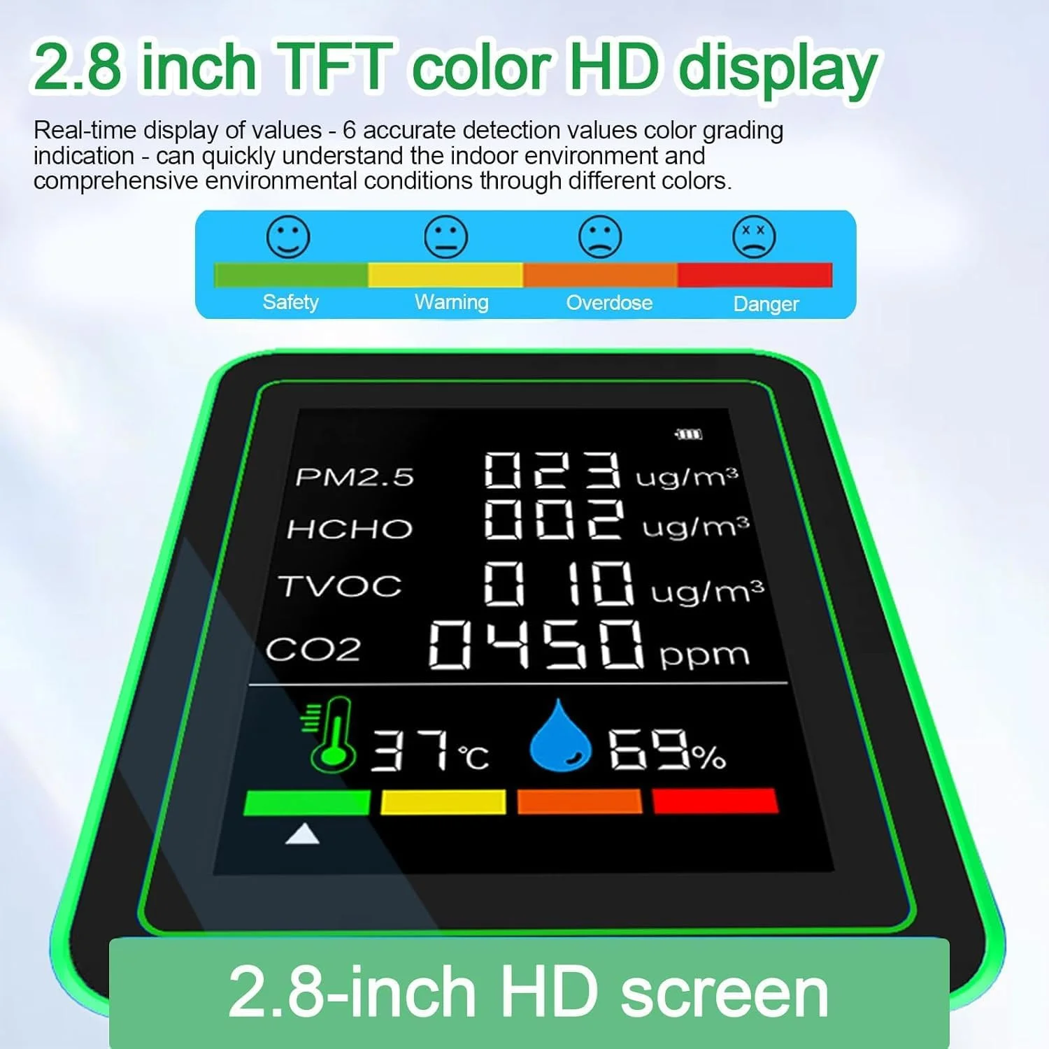 دستگاه سنجش کیفیت هوا 6 در 1، ردیاب CO2 با صفحه نمایش LCD، سنسور HCHO، TVOC، PM2.5، دما و رطوبت برای خانه، دفتر، ماشین - دقیق، جمع و جور و بادوام (مشکی)