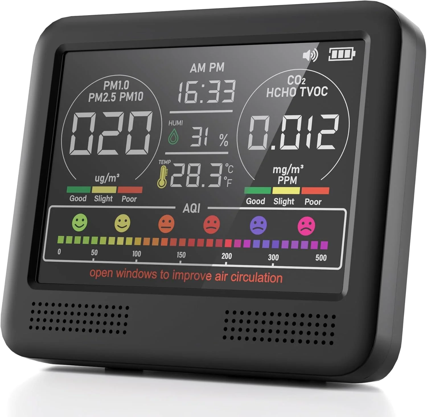 دستگاه سنجش کیفیت هوا 16 در 1 مناسب فضای داخلی با آلارم بوق 7AQI، مانیتور CO2، آشکارساز کیفیت هوا با PM1.0 | PM2.5 | PM10 | دما | رطوبت | فرمالدئید | تستر VOC برای خانه، دفتر، گیاهان