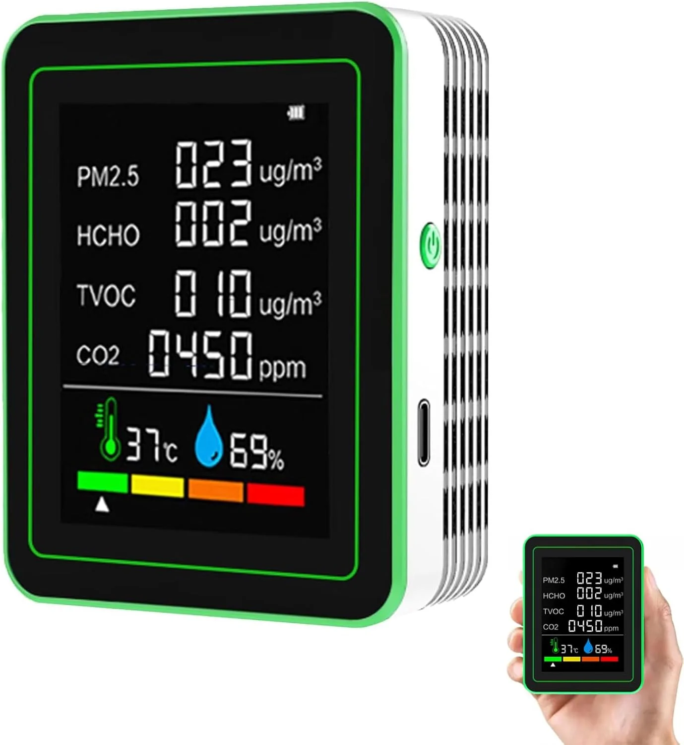 مانیتور کیفیت هوا داخل خانه، مانیتور CO2 6 در 1، ردیاب دی اکسید کربن با HCHO، TVOC، PM2.5، دما، رطوبت برای خانه، دفتر، ماشین (سفید)