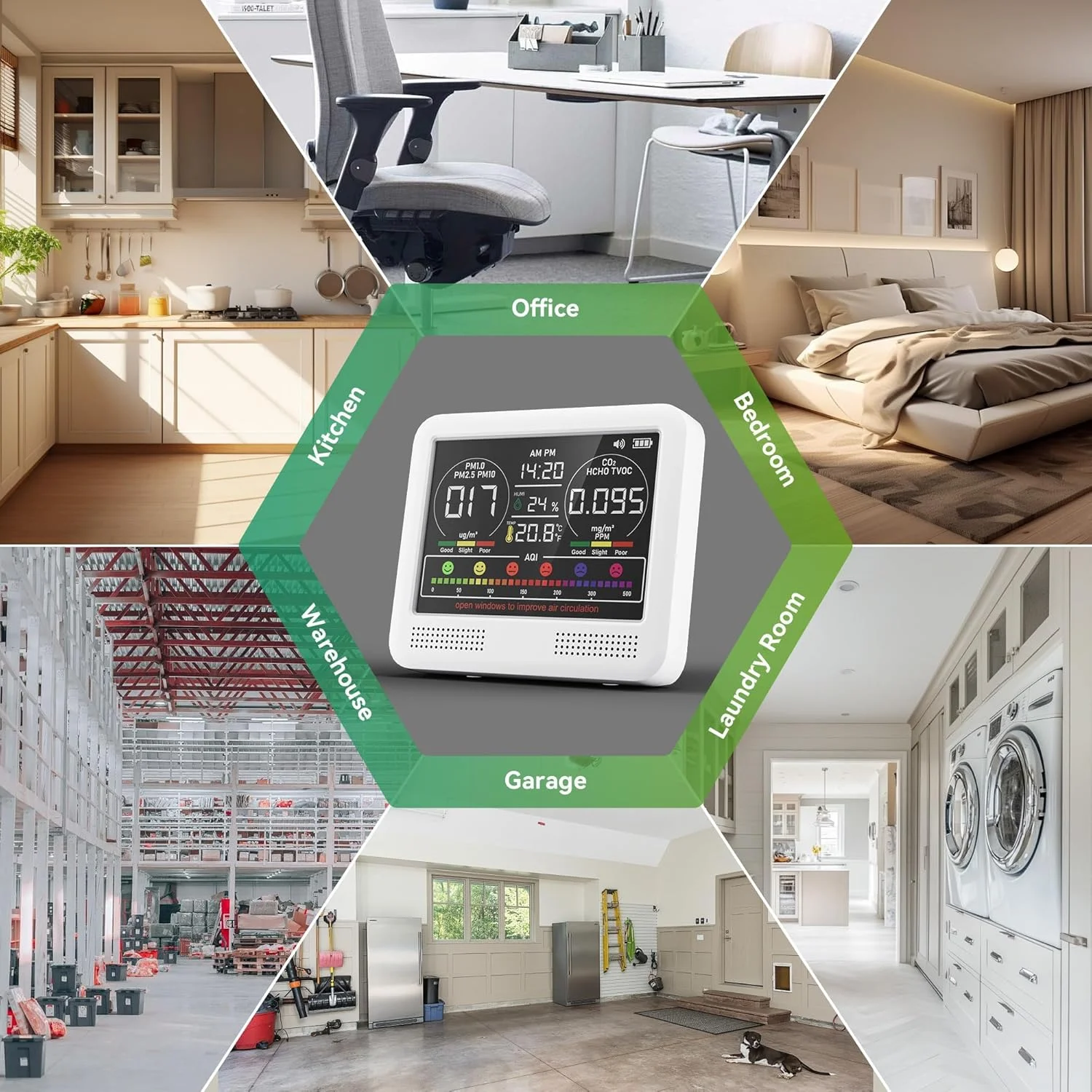 دستگاه سنجش کیفیت هوا 16 در 1 مناسب فضای داخلی با آلارم بوق 7AQI، مانیتور CO2، آشکارساز کیفیت هوا با PM1.0 | PM2.5 | PM10 | دما | رطوبت | فرمالدئید | تستر VOC برای دفتر کار خانگی (سفید صدفی)