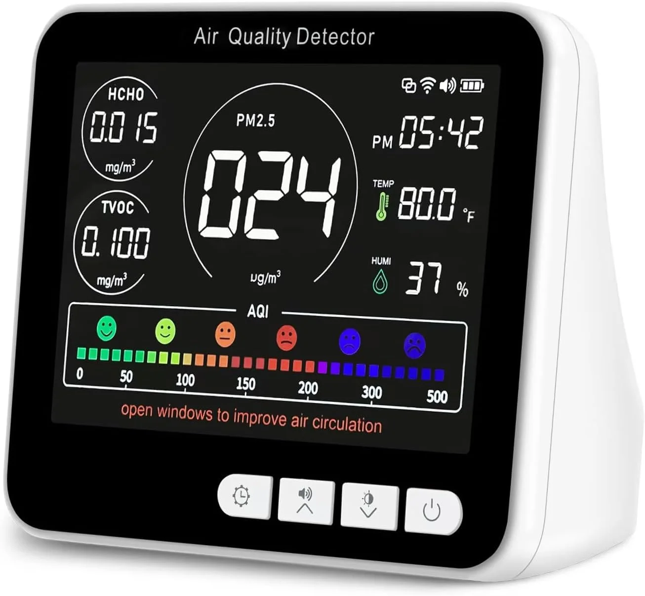 دستگاه مانیتور کیفیت هوای 14 در 1 با آلارم بوق، آشکارساز کیفیت هوا 6 AQI با PM1.0|PM2.5|PM10|HCHO|TVOC|AQI|دما|رطوبت|زمان برای خانه، هتل، دفتر، ماشین، مانیتور هوا با باتری