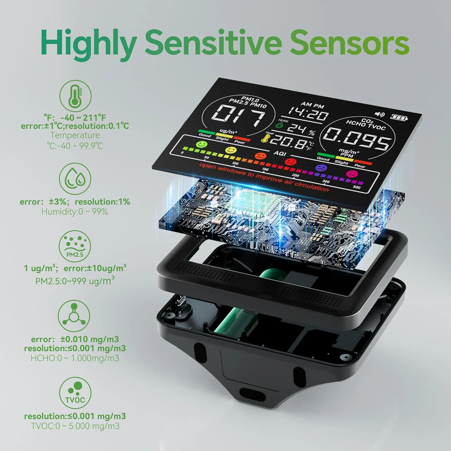 دستگاه سنجش کیفیت هوا 16 در 1، مناسب فضای داخلی با آلارم 7AQI، مانیتور CO2، آشکارساز کیفیت هوا با PM1.0 | PM2.5 | PM10 | دما | رطوبت | فرمالدئید | تستر VOC برای منزل، دفتر کار، گیاهان
