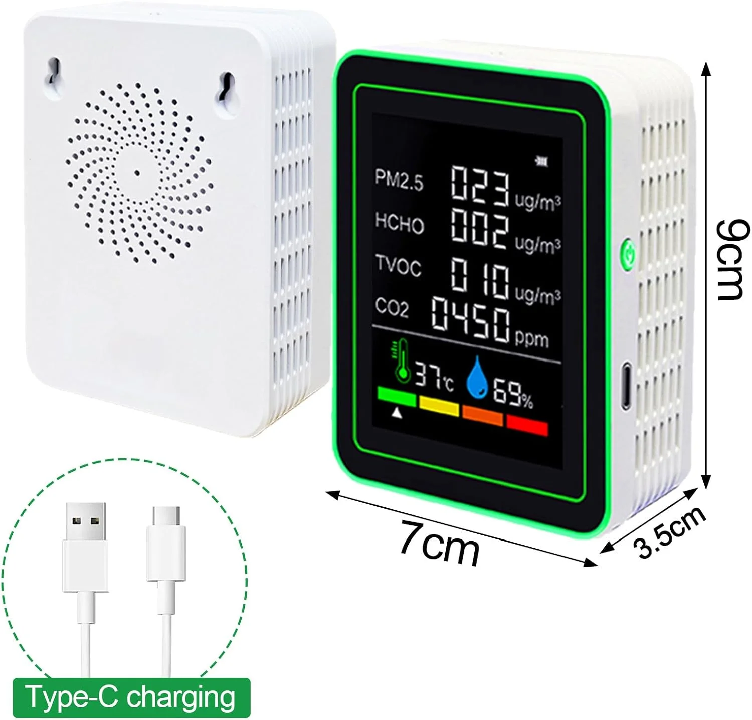 مانیتور کیفیت هوا داخل خانه، مانیتور CO2 6 در 1، ردیاب دی اکسید کربن با HCHO، TVOC، PM2.5، دما، رطوبت برای خانه، دفتر، ماشین (سفید)