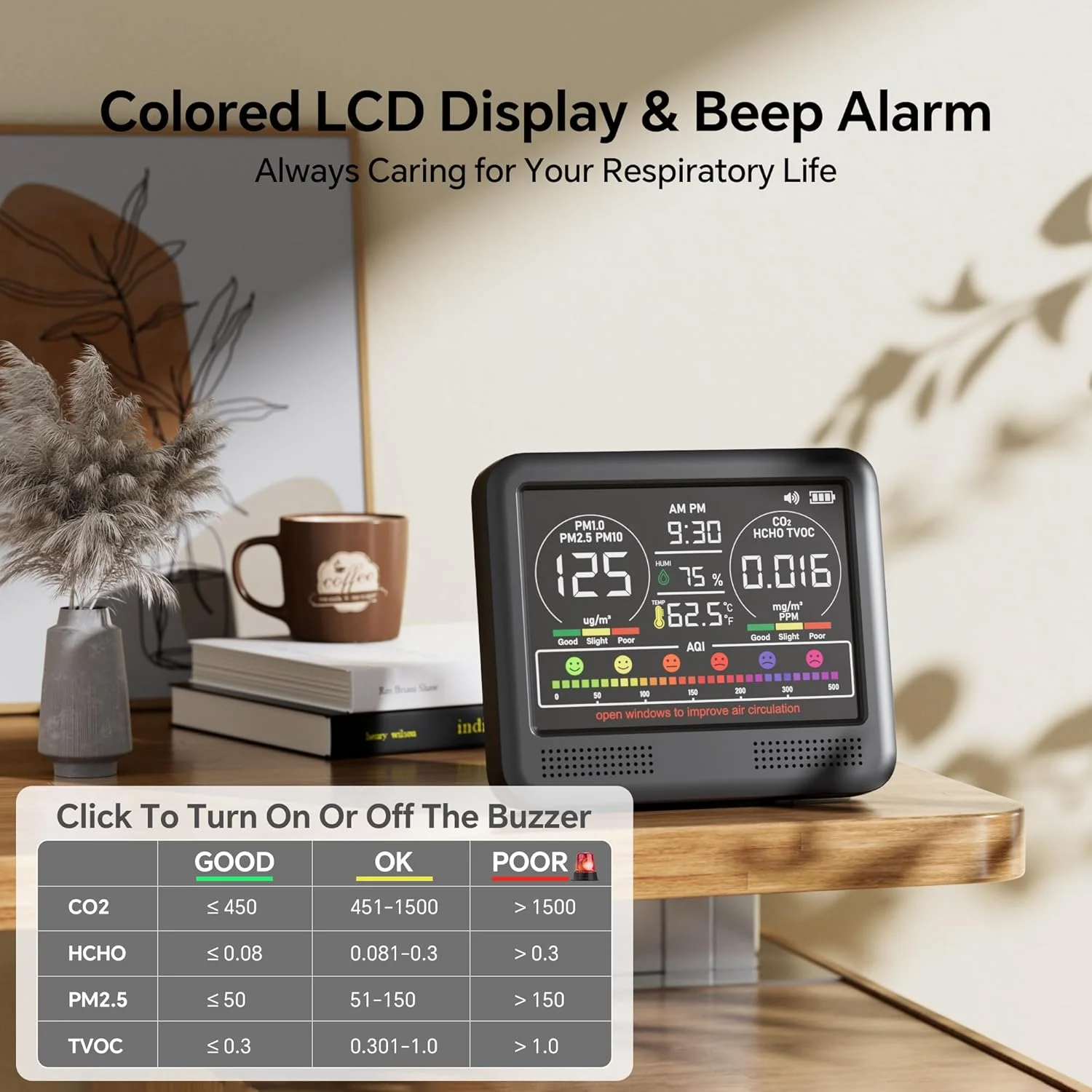 دستگاه سنجش کیفیت هوا 16 در 1 مناسب فضای داخلی با آلارم بوق 7AQI، مانیتور CO2، آشکارساز کیفیت هوا با PM1.0 | PM2.5 | PM10 | دما | رطوبت | فرمالدئید | تستر VOC برای خانه، دفتر، گیاهان
