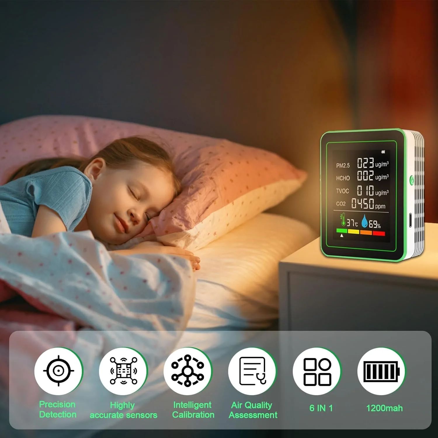 مانیتور کیفیت هوا داخل خانه، مانیتور CO2 6 در 1، ردیاب دی اکسید کربن با HCHO، TVOC، PM2.5، دما، رطوبت برای خانه، دفتر، ماشین (سفید)