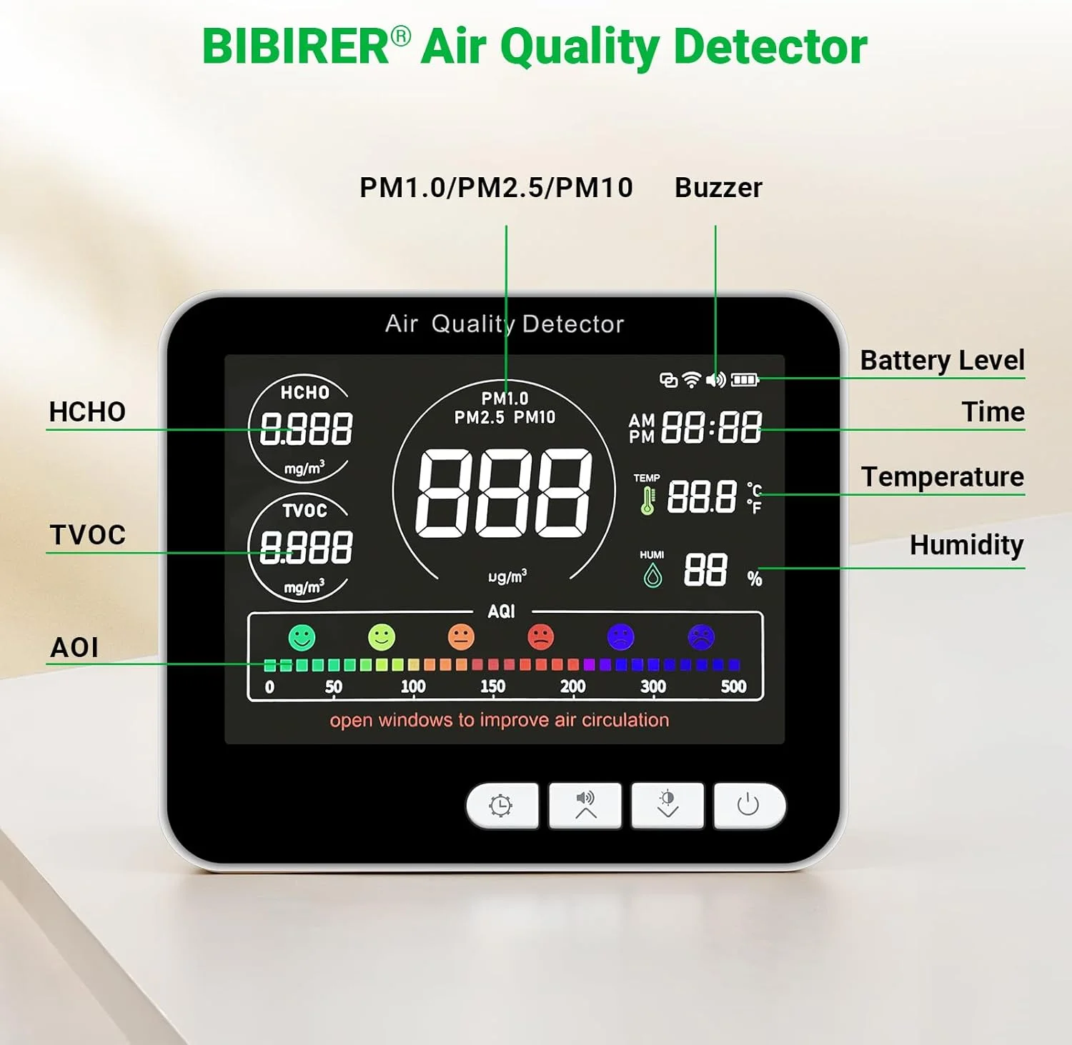 دستگاه مانیتور کیفیت هوای 14 در 1 با آلارم بوق، آشکارساز کیفیت هوا 6 AQI با PM1.0|PM2.5|PM10|HCHO|TVOC|AQI|دما|رطوبت|زمان برای خانه، هتل، دفتر، ماشین، مانیتور هوا با باتری