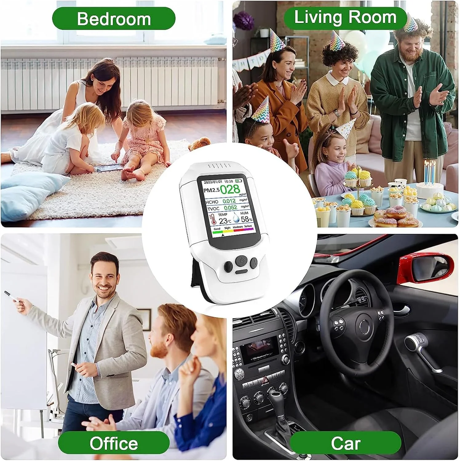 دستگاه سنجش کیفیت هوای داخلی، تستر هوشمند کیفیت هوا با صفحه نمایش 2.8 اینچی، آستانه هشدار قابل تنظیم و تشخیص ذرات گرد و غبار PM2.5/PM10/PM1.0 میکرون، ظرفیت باتری 1500 میلی آمپر ساعت، مناسب برای آشپزخانه، اتاق خواب دستگاه سنجش کیفیت هوای داخلی، تستر هوشمند کیفیت هوا با صفحه نمایش 2.8 اینچی، آستانه هشدار قابل تنظیم و تشخیص ذرات گرد و غبار PM2.5/PM10/PM1.0 میکرون، ظرفیت باتری 1500 میلی آمپر ساعت، مناسب برای آشپزخانه، اتاق خواب