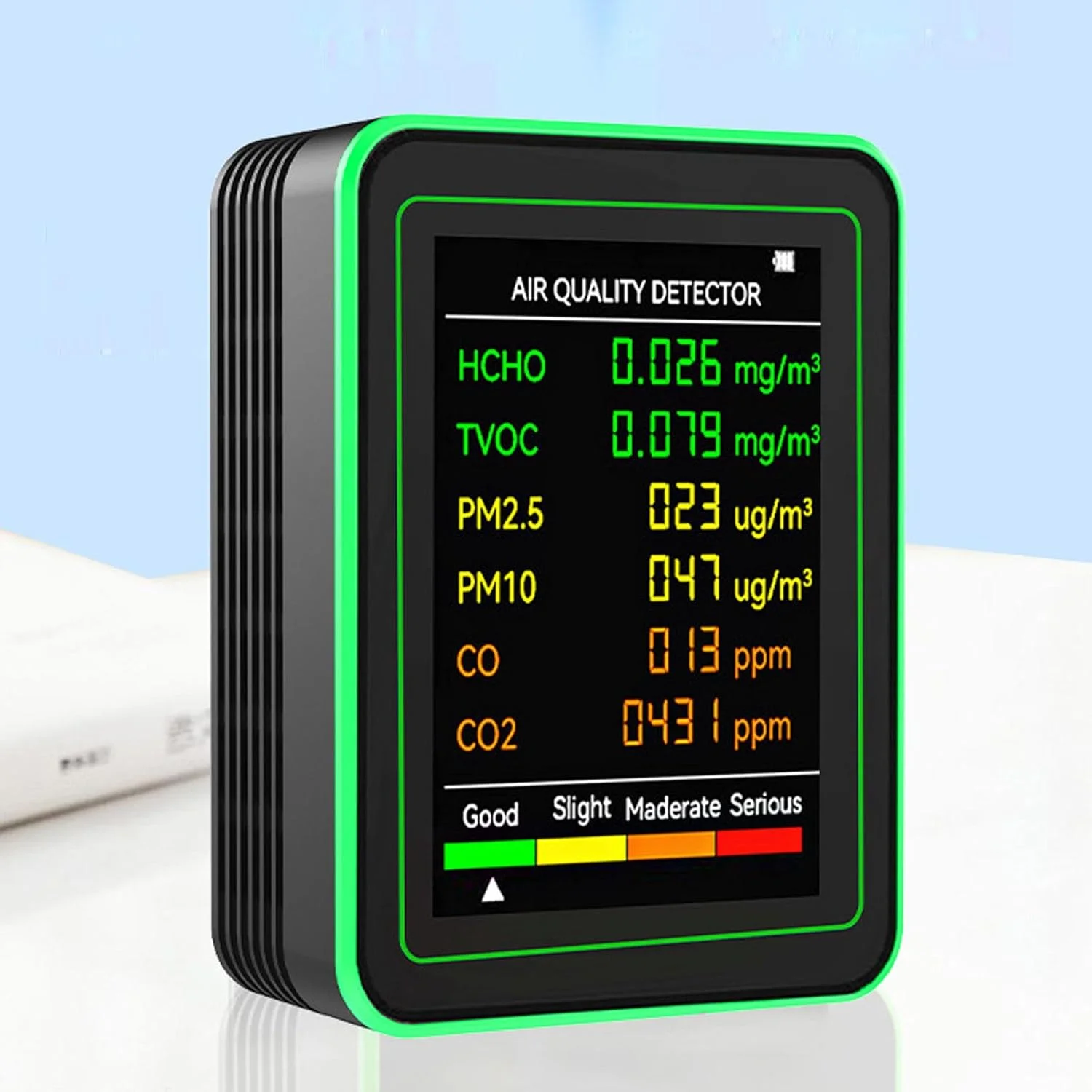 دستگاه سنجش کیفیت هوا 6 در 1، صفحه نمایش 2.8 اینچی HD، ردیاب هوا، CO2، TVOC، HCHO PM2.5 و PM10، شارژ Type C با ظرفیت 1200mAh، مناسب برای خانه، دفتر، مدرسه، هتل